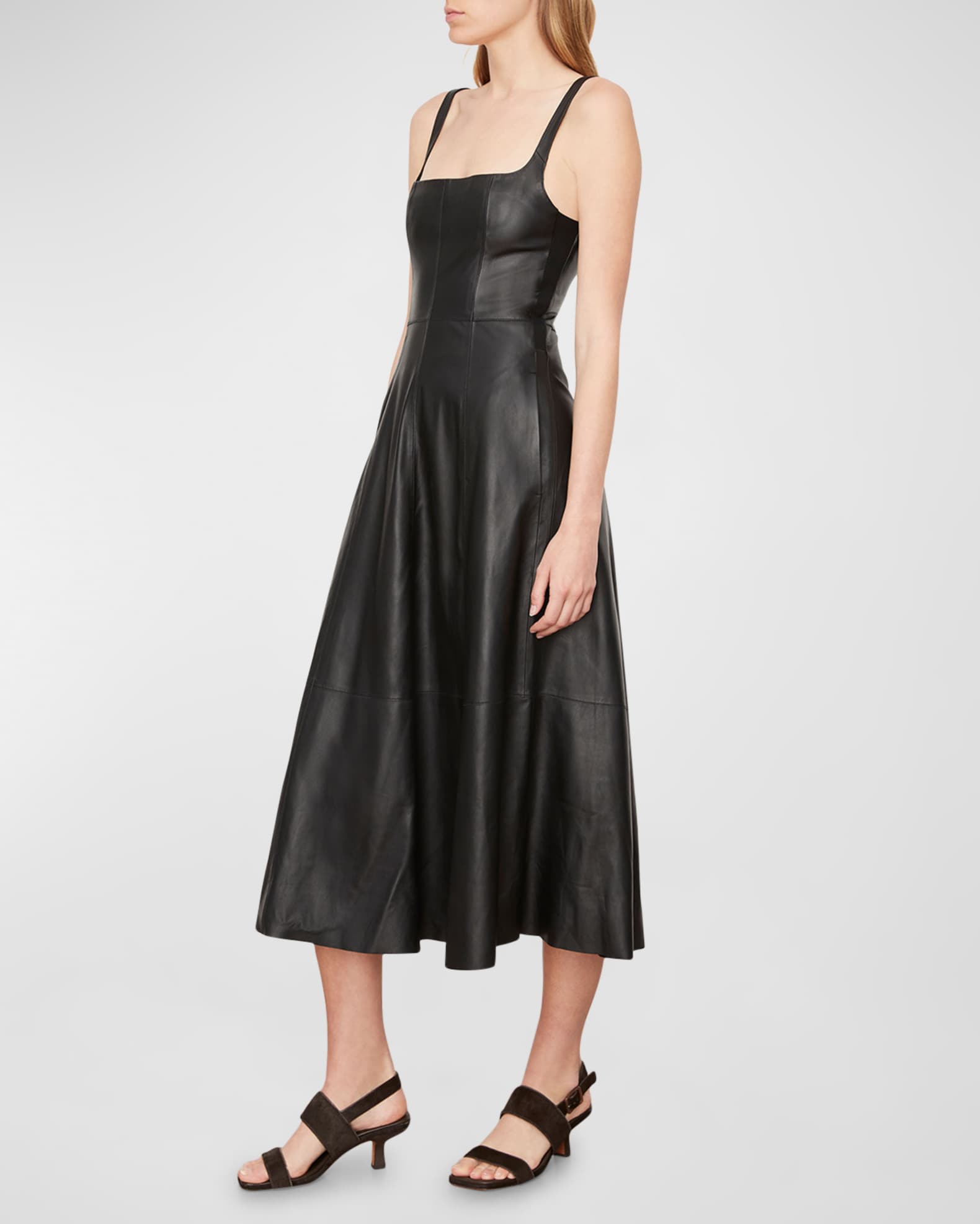 Vince SquareNeck Leather Midi Apron Dress Neiman Marcus