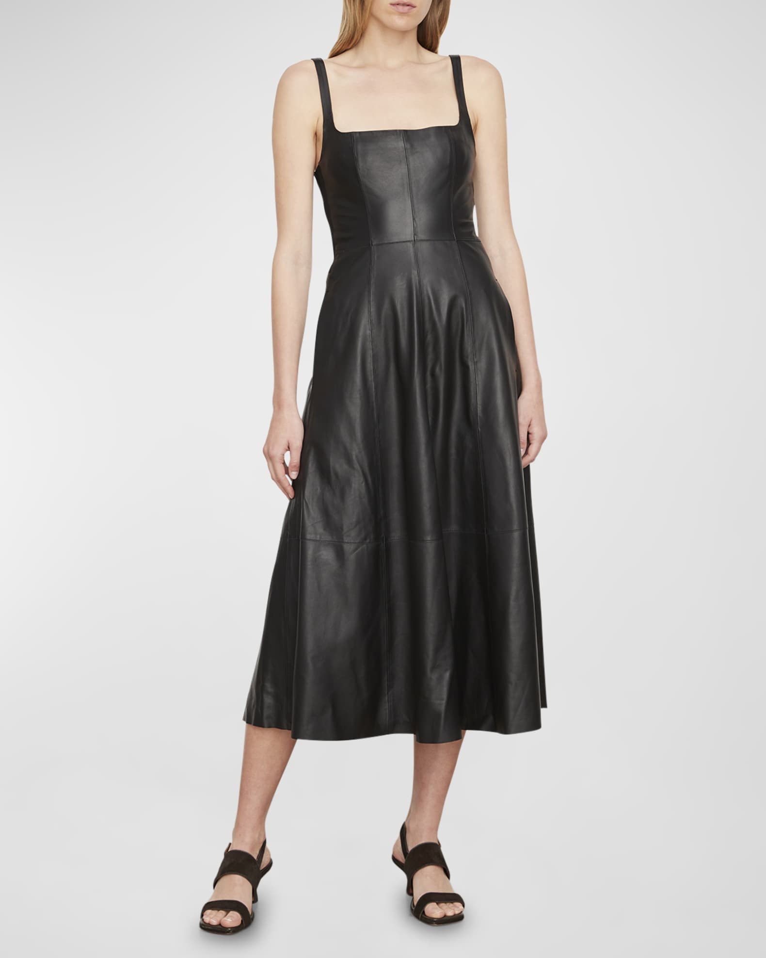 Vince Square-Neck Leather Midi Apron Dress | Neiman Marcus