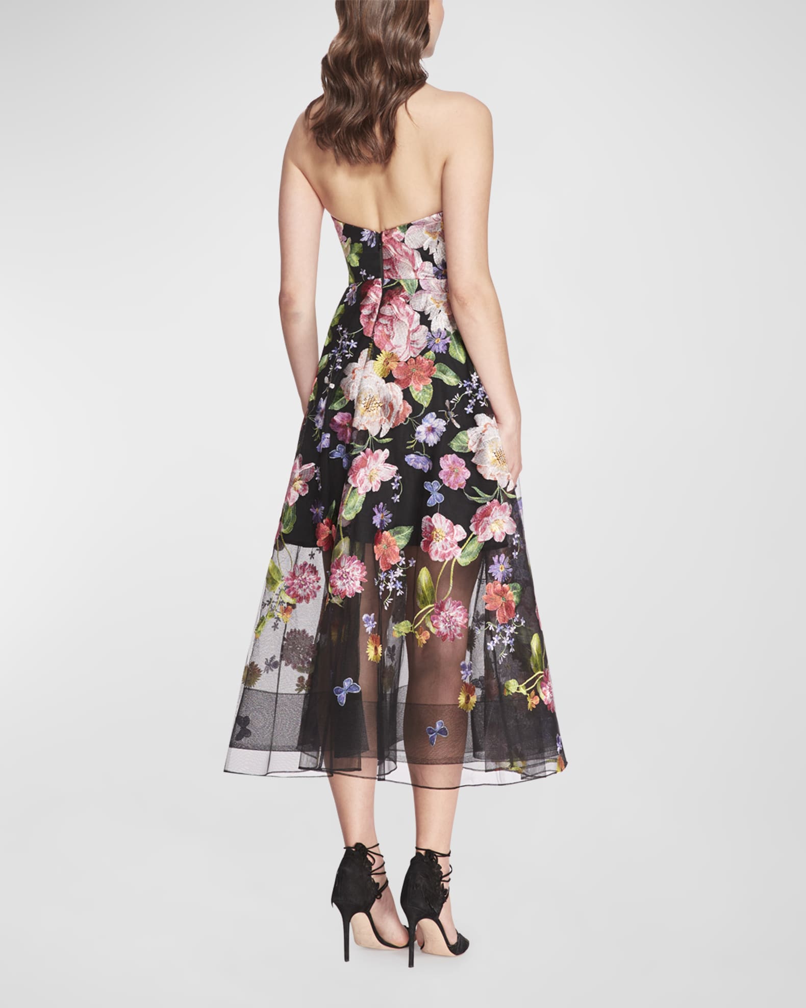 Marchesa Notte Strapless Floral-Embroidered Tulle Midi Dress | Neiman ...