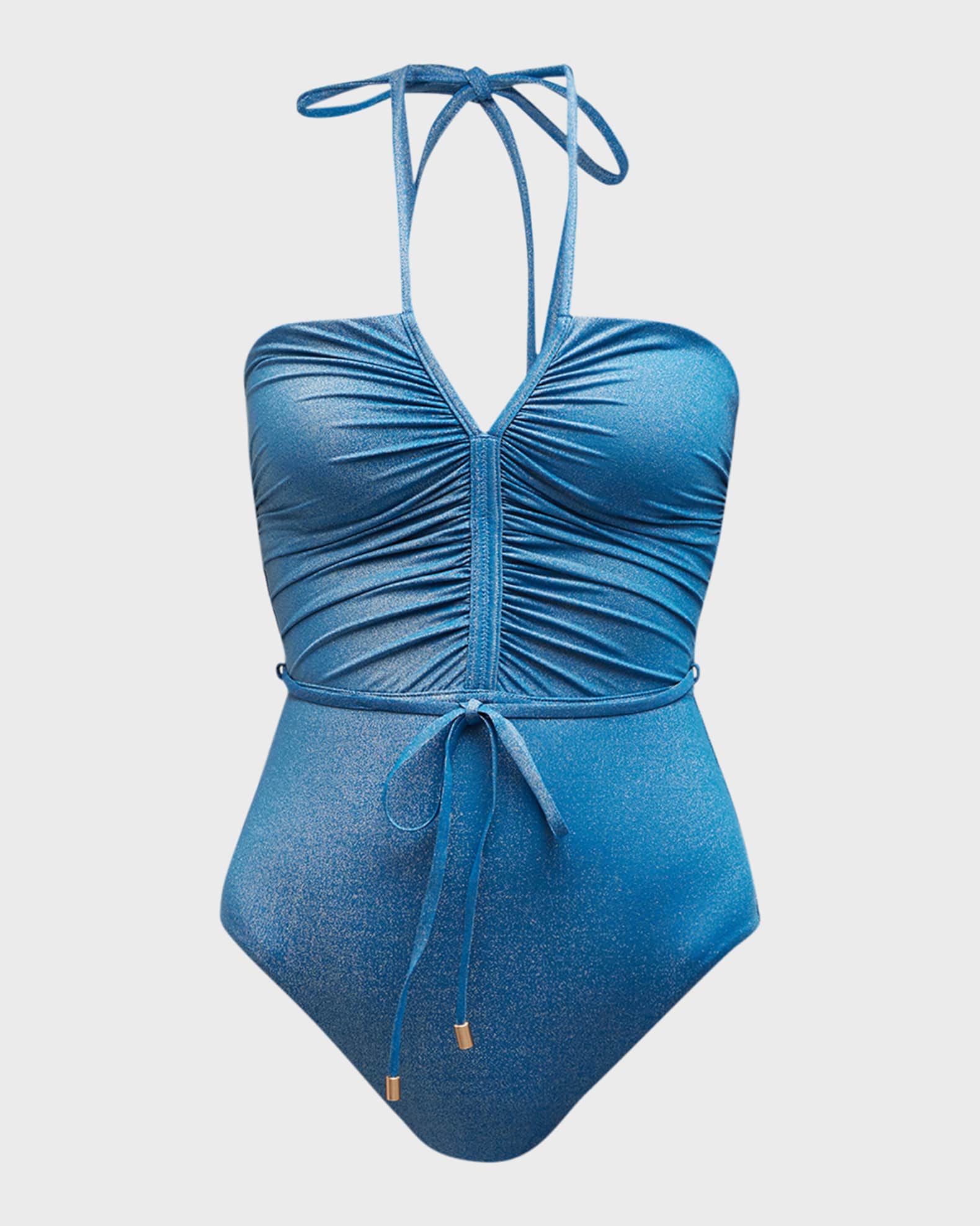 Zimmermann Raie Lurex Ruched Halter OnePiece Swimsuit Neiman Marcus