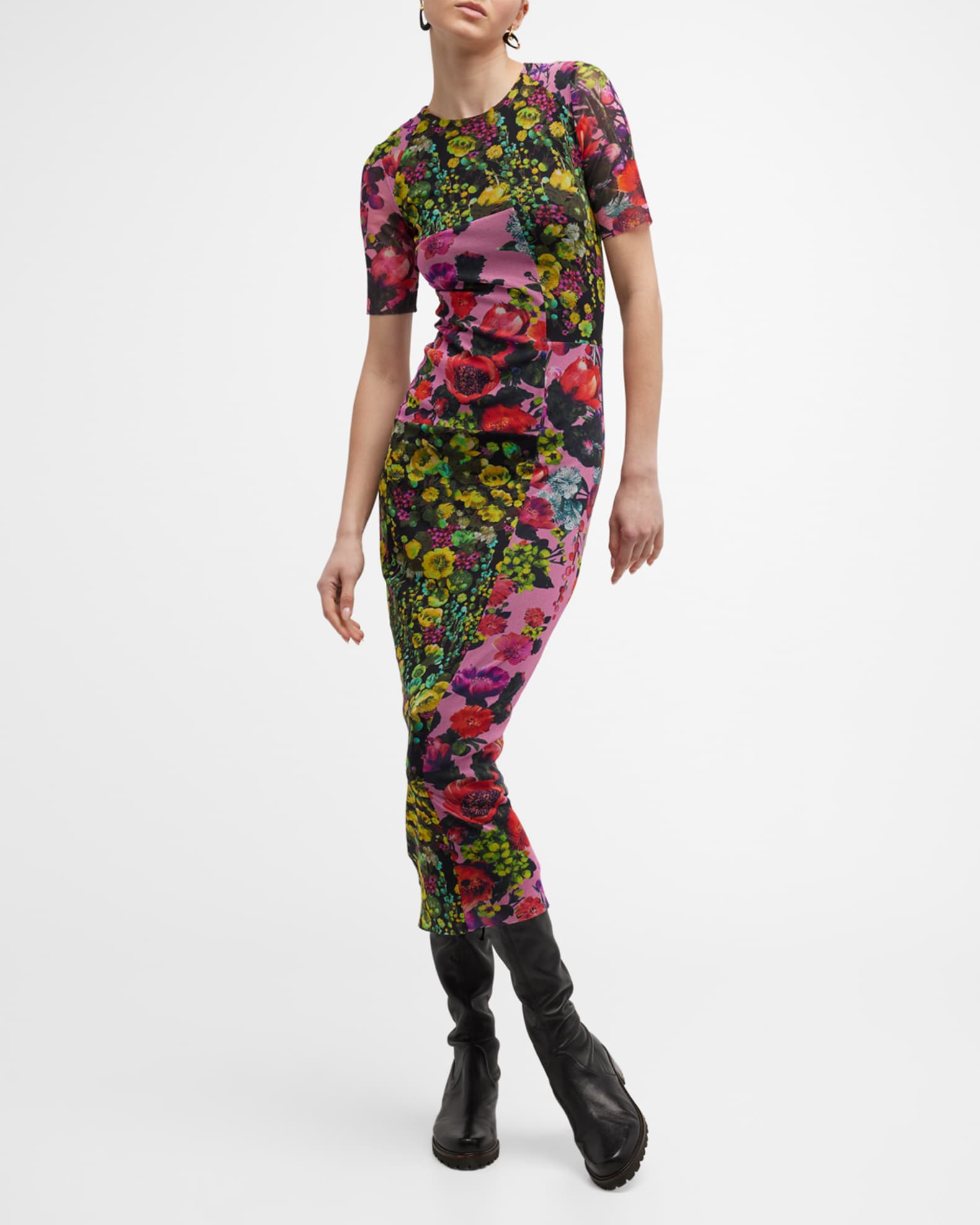 Fuzzi Short-Sleeve Floral-Print Tulle Midi Dress | Neiman Marcus