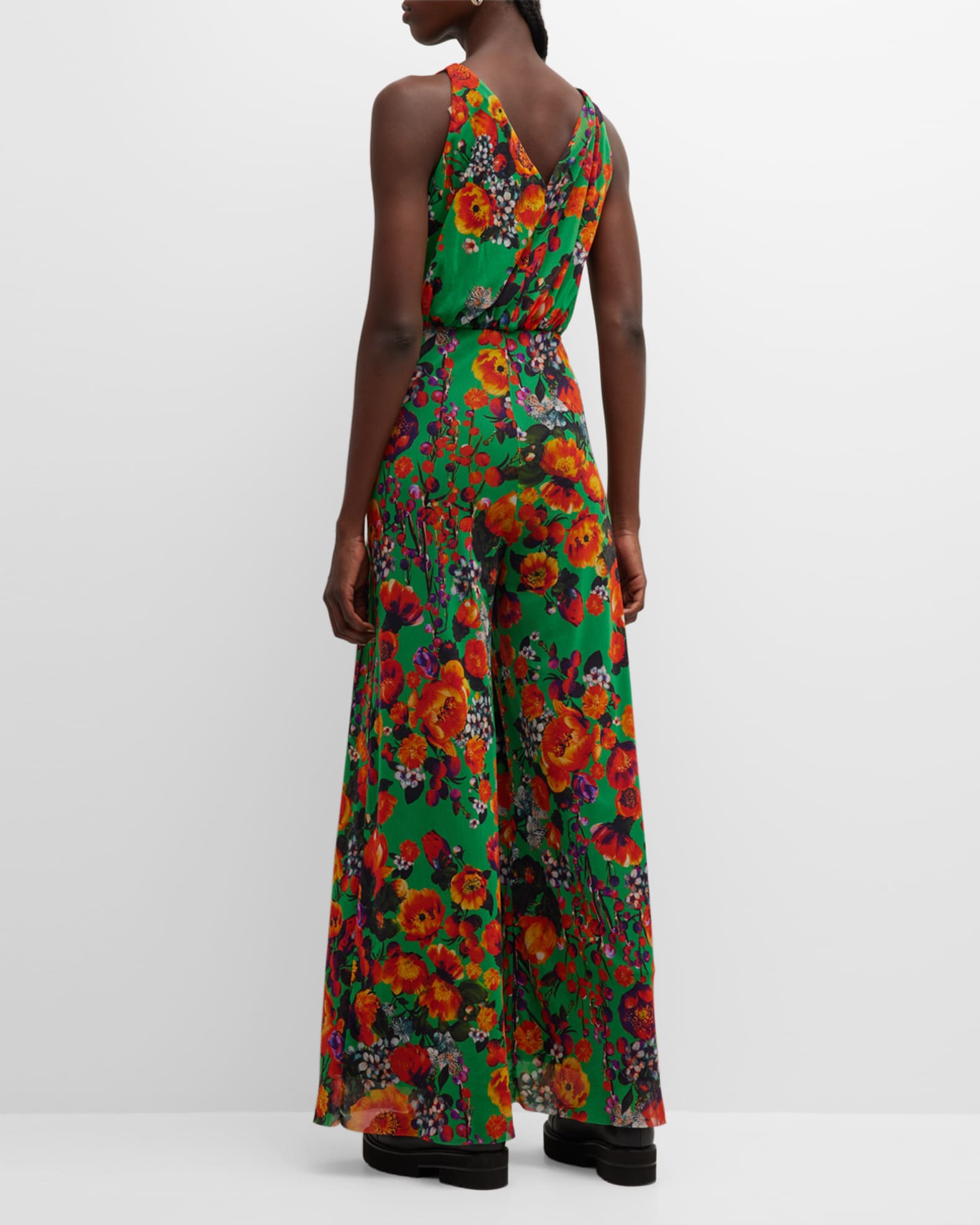 Fuzzi Sleeveless Floral-Print Tulle Jumpsuit | Neiman Marcus