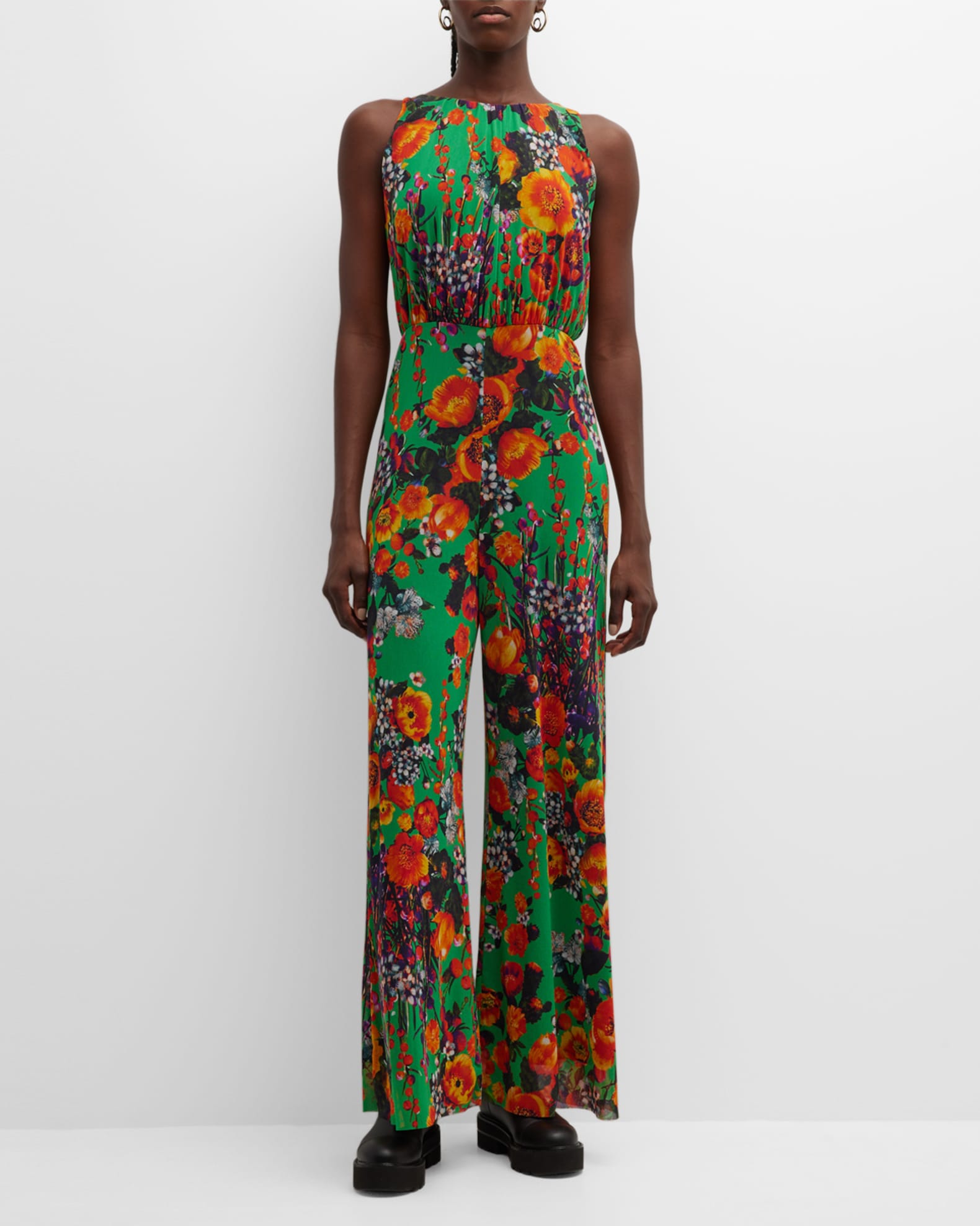 Fuzzi Sleeveless Floral-Print Tulle Jumpsuit | Neiman Marcus