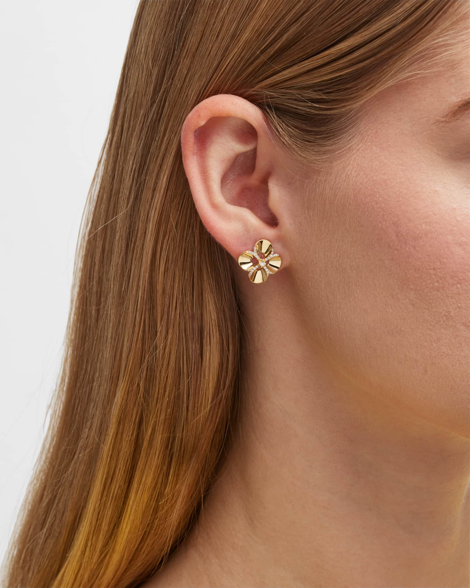 18K Yellow Gold Camellia Polished and Diamond Stud Earrings 1