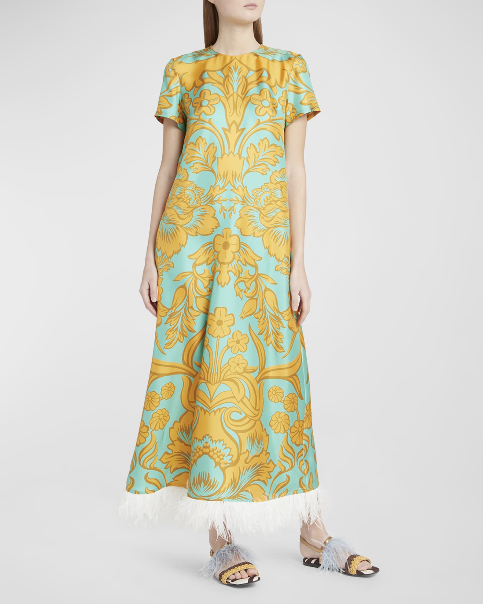 La DoubleJ Baroque Print Feather Trim Maxi Swing Dress Neiman Marcus