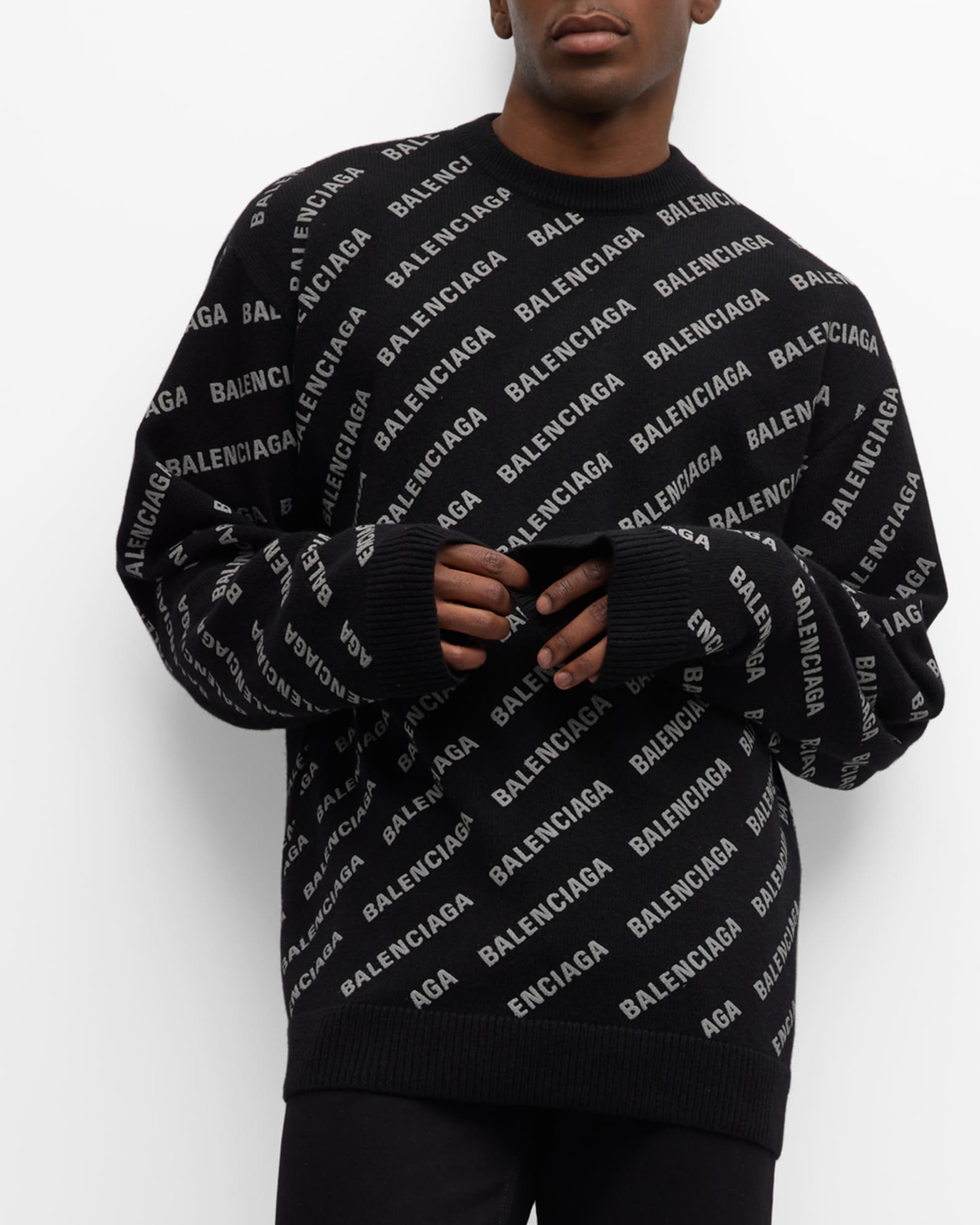 Balenciaga Men's Allover-Logo Wool Sweater | Neiman Marcus