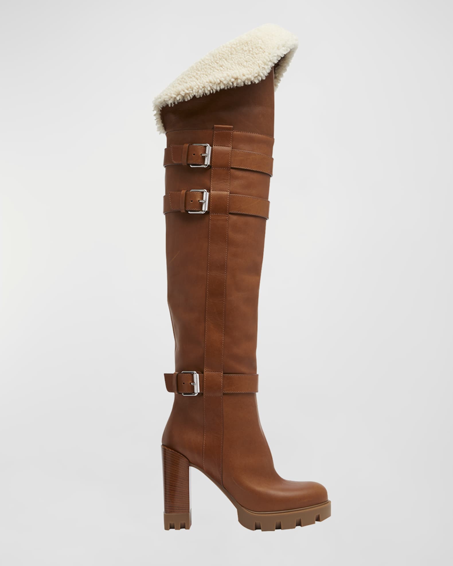 Christian Louboutin Brodeback Lug Botta Alta Shearling-Lined Red Sole Knee-High Boots
