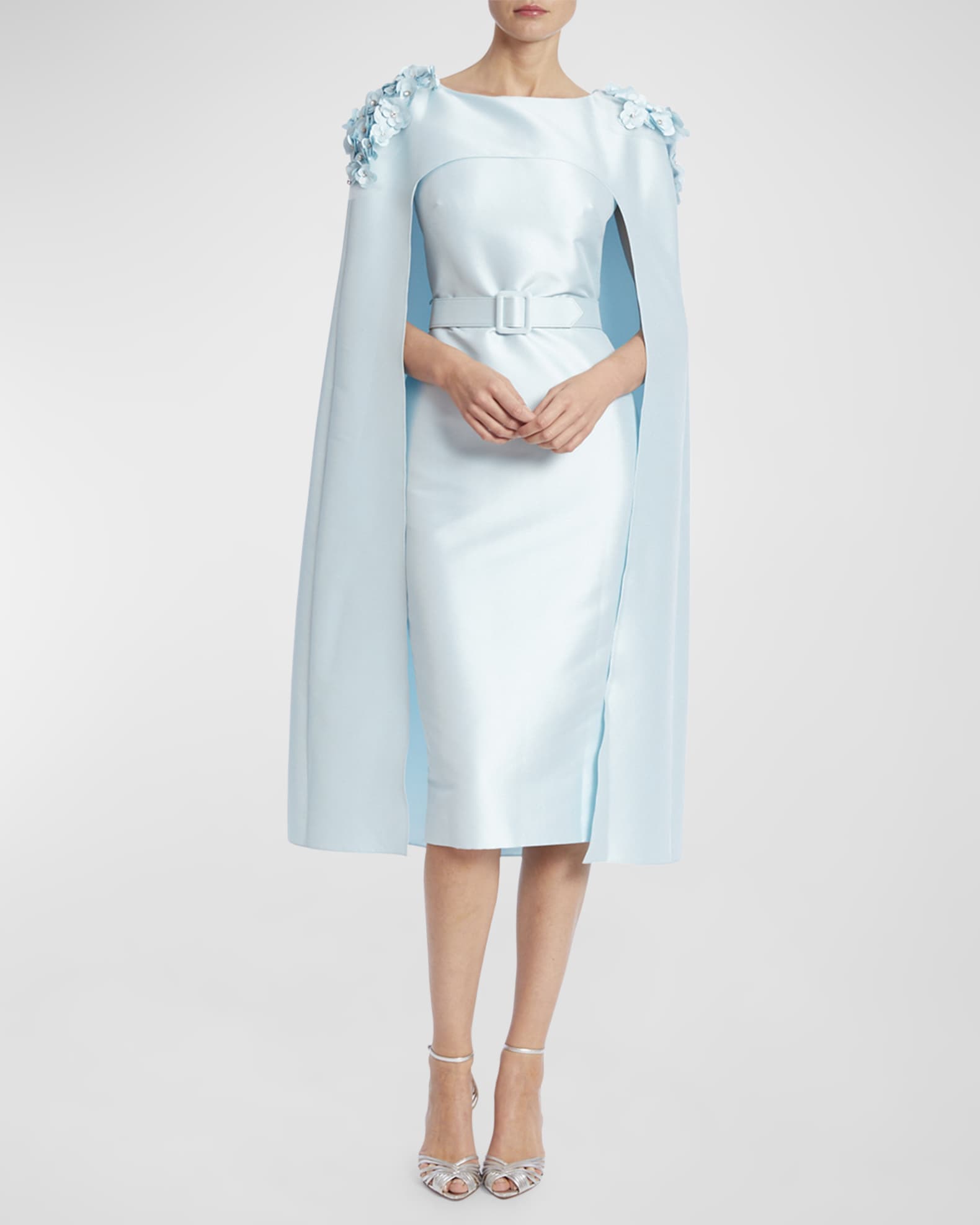 Badgley Mischka Collection Belted Floral Applique Cape Midi Dress Neiman Marcus