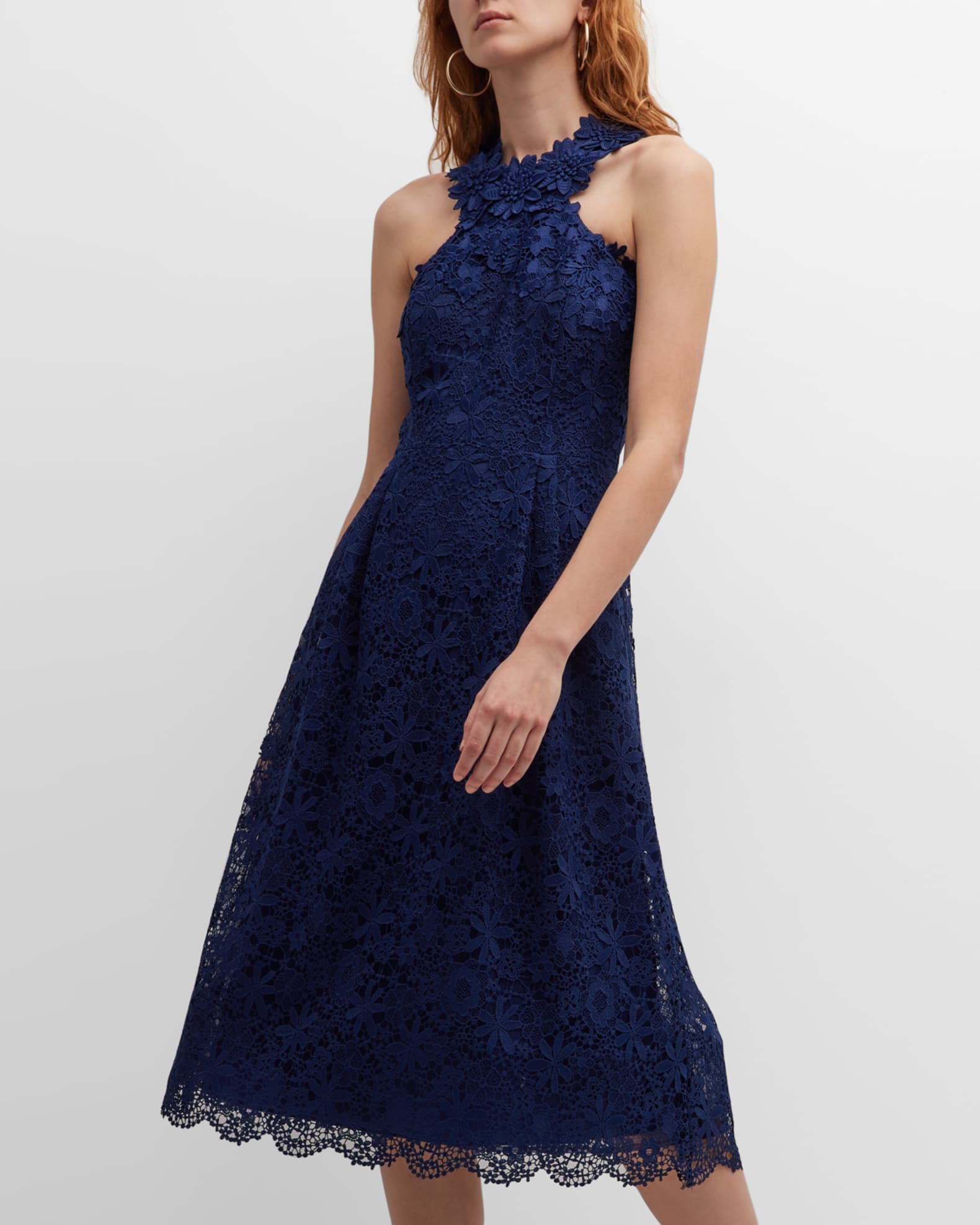 Rickie Freeman for Teri Jon Scalloped Floral Lace Halter Midi Dress