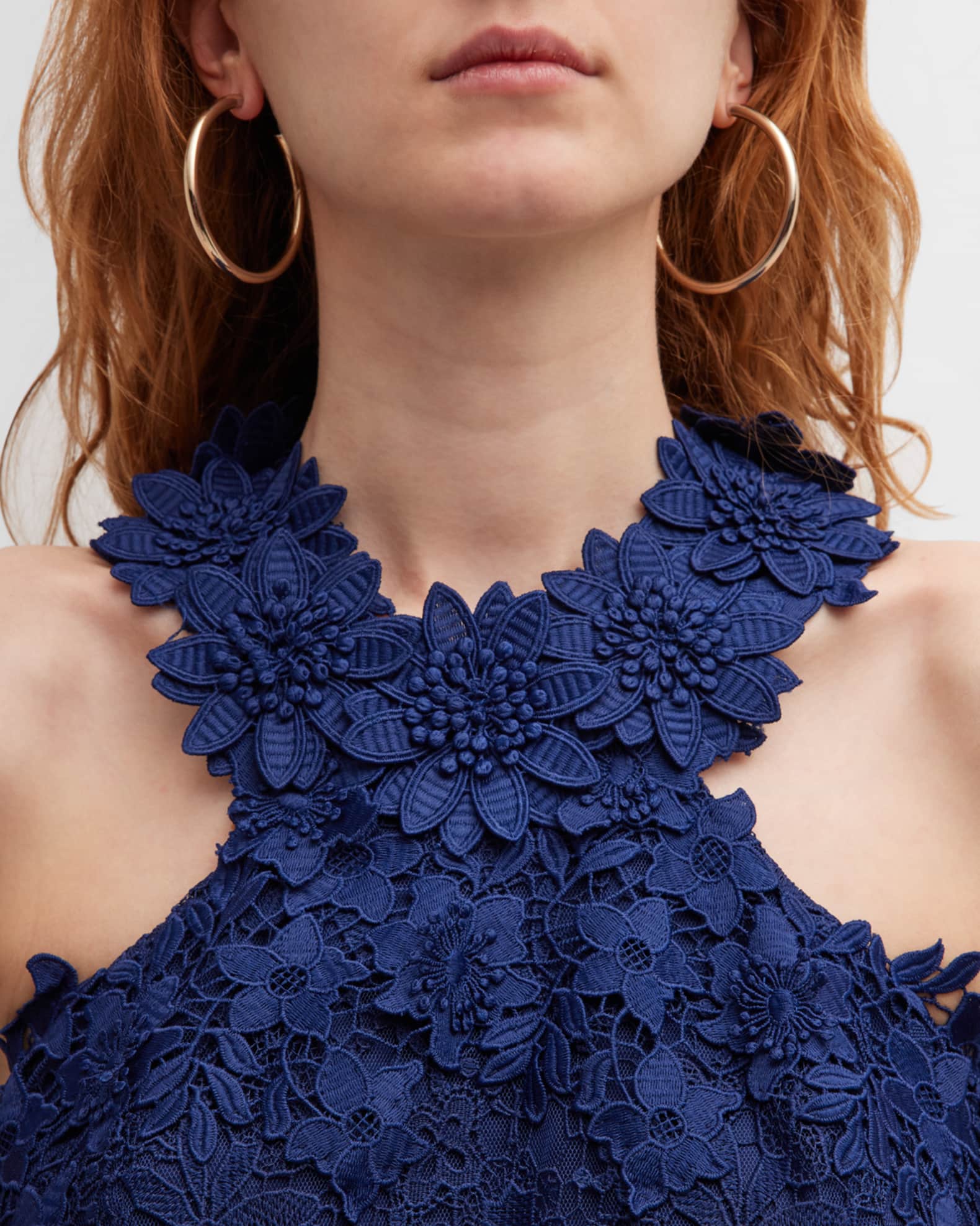 Rickie Freeman for Teri Jon Scalloped Floral Lace Halter Midi Dress