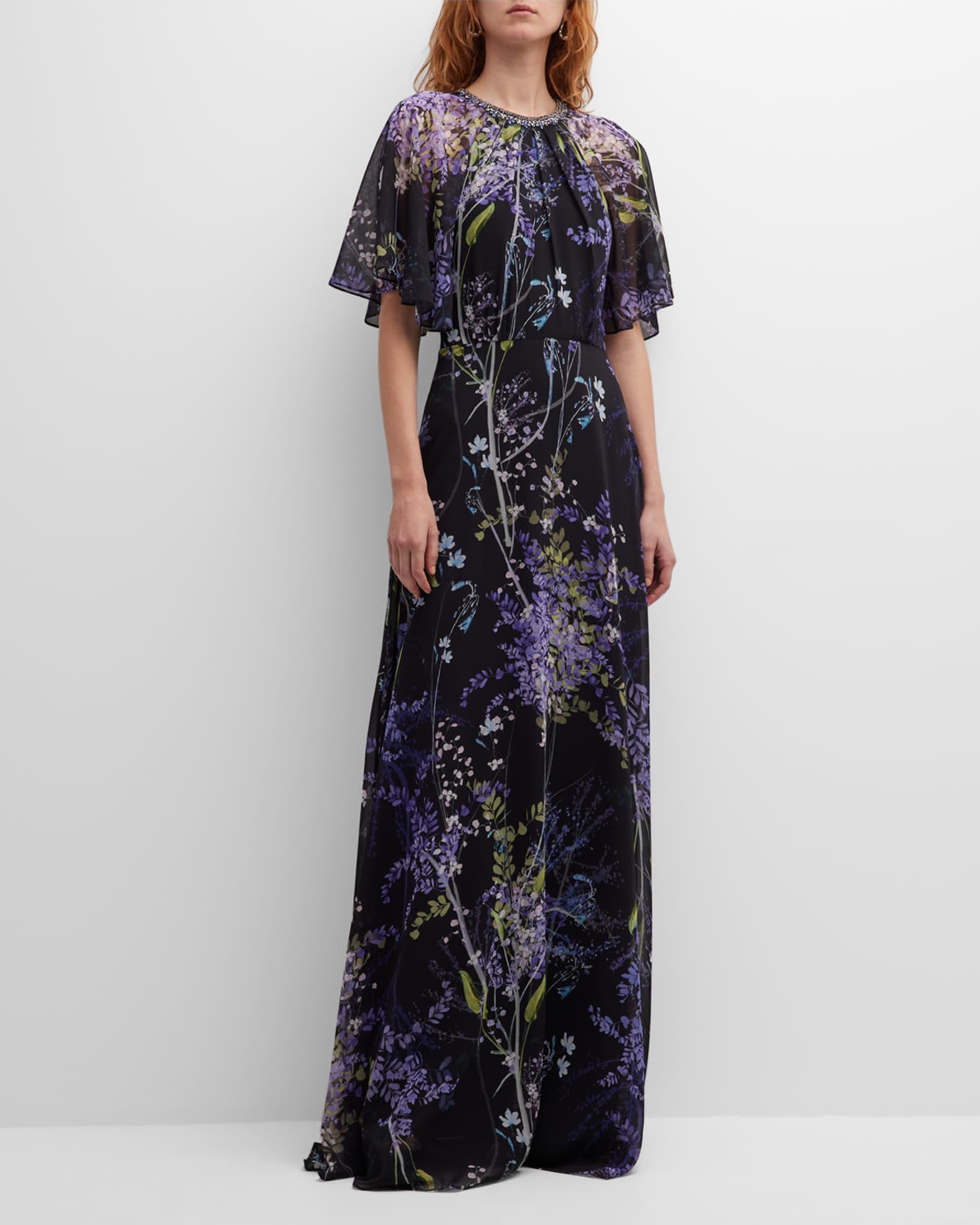 Rickie Freeman for Teri Jon Pleated Floral-Print Capelet Chiffon Gown ...