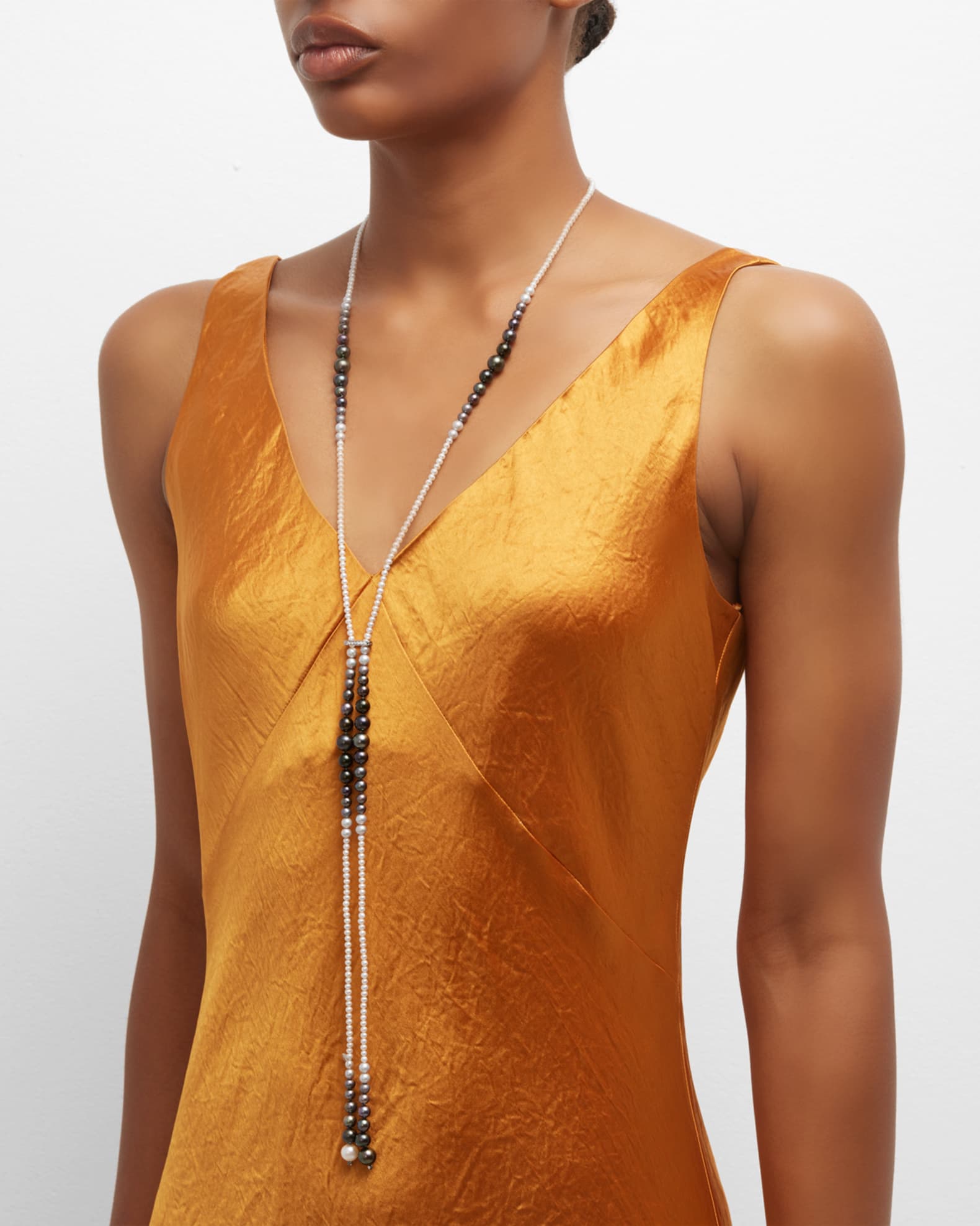 18K White Gold Lariat with Multihued Pearls, 3-10mm 1