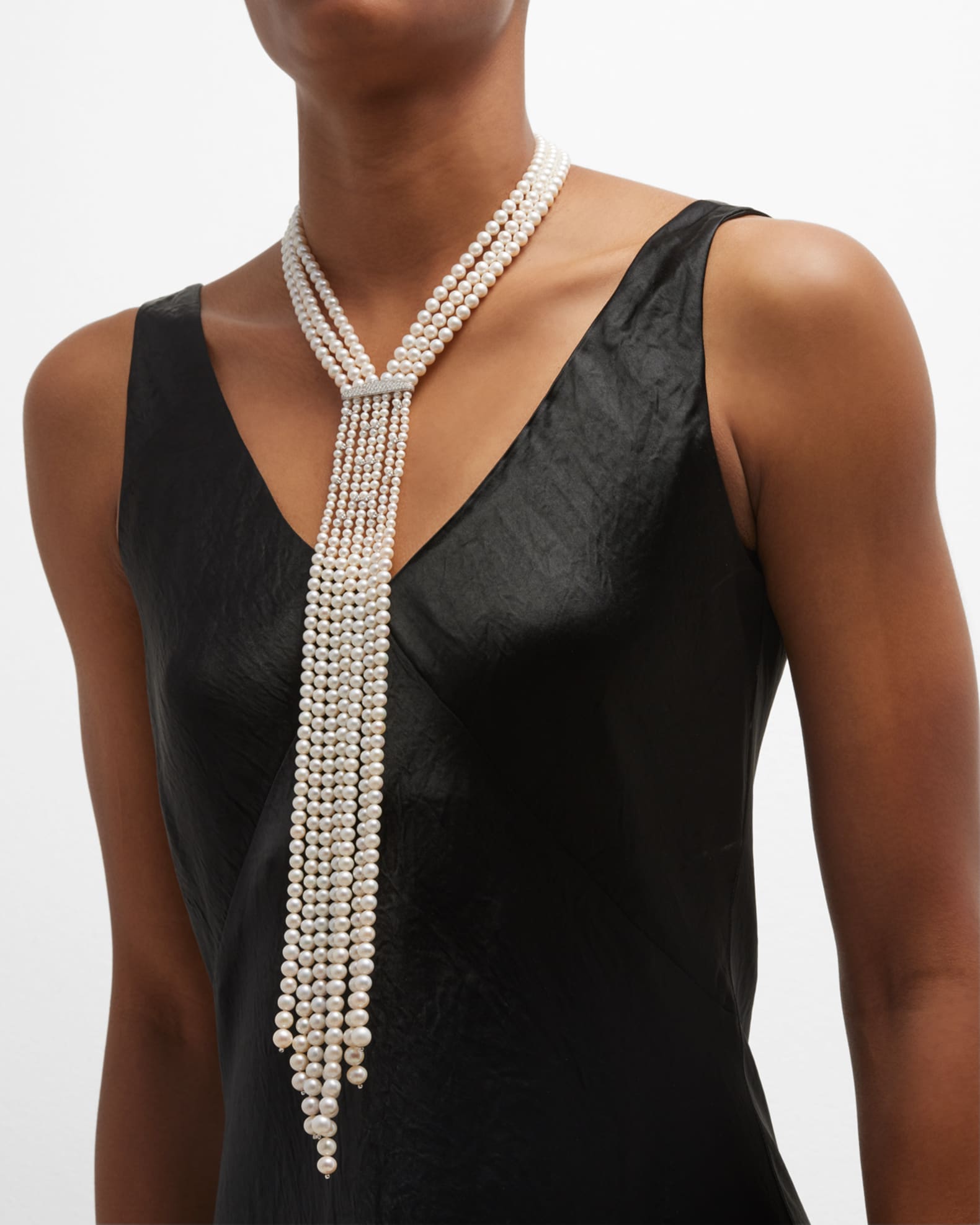 Pearl Tie Necklace with Diamonds 1