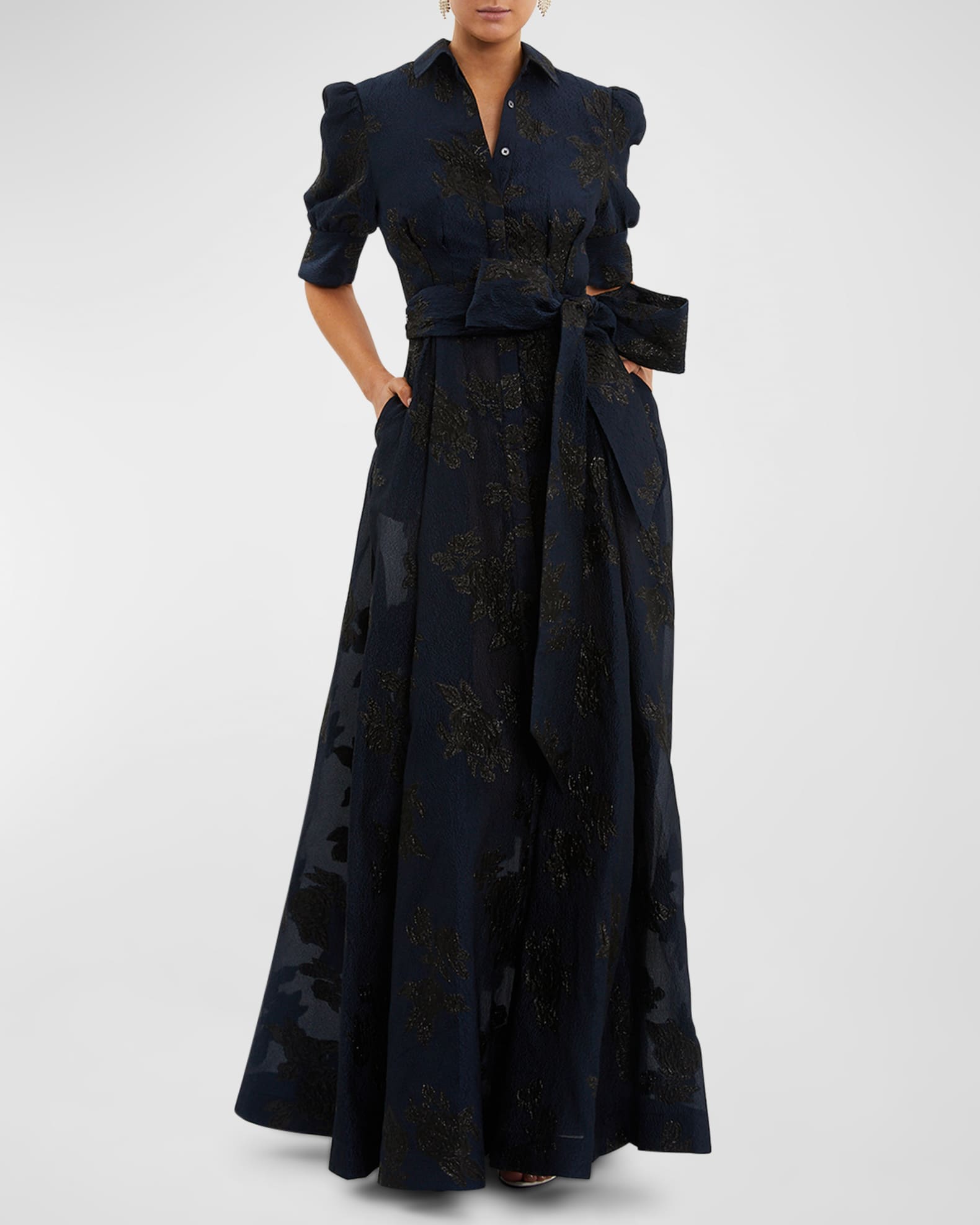 REBECCA VALLANCE PuffSleeve Jacquard Shirt Gown Neiman Marcus