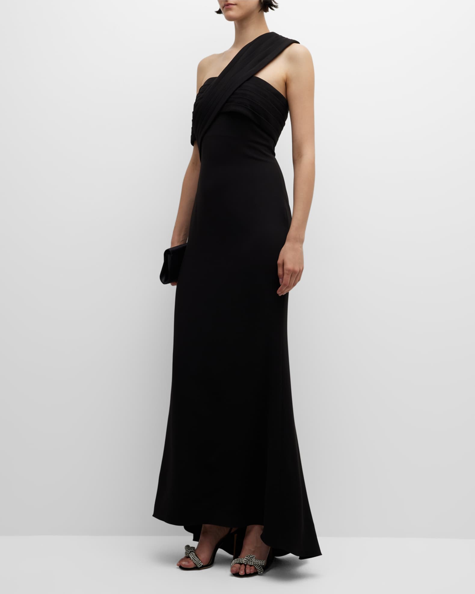 Badgley Mischka Collection Pleated One-Shoulder Trumpet Gown | Neiman ...