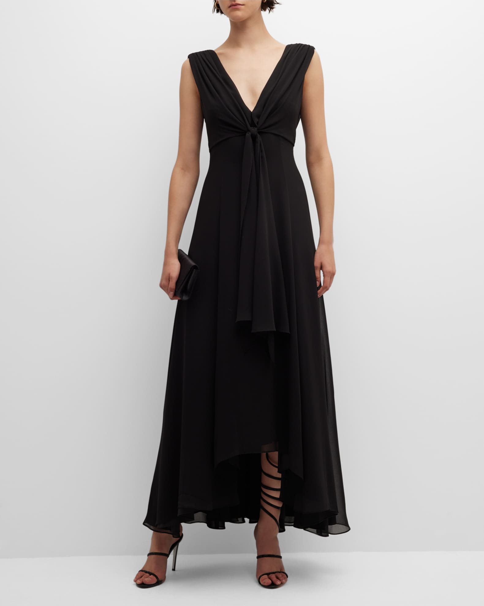 Badgley Mischka Collection Deep V-Neck Tie-Front Gown | Neiman Marcus