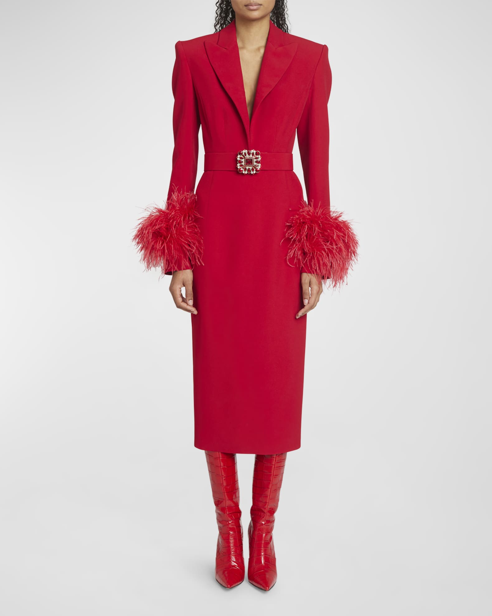 Andrew Gn Woven Midi Dress with Feather Cuffs and Crystal Belt Neiman