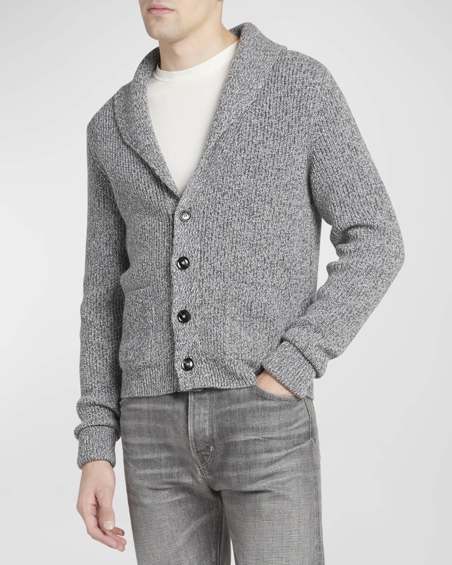 LOUIS VUITTON Size M White Ribbed Knit Cotton Shawl Collar Sweater