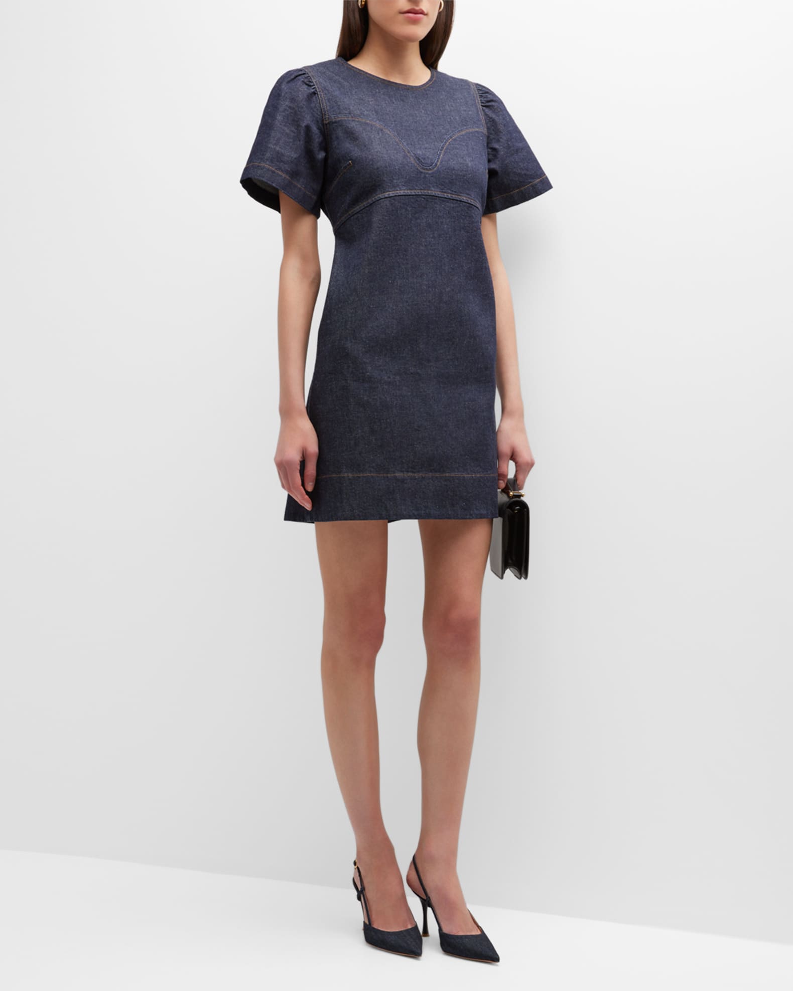 Tanya Taylor Antonella Contrast-Stitch Denim Mini Dress | Neiman Marcus