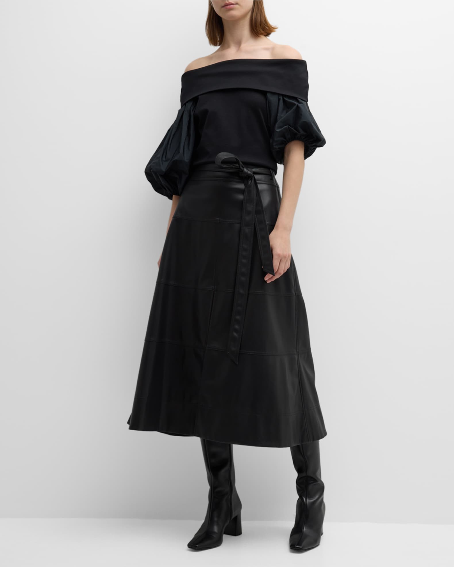 Hudson Faux Leather Belted Tiered Seam Midi Skirt 1