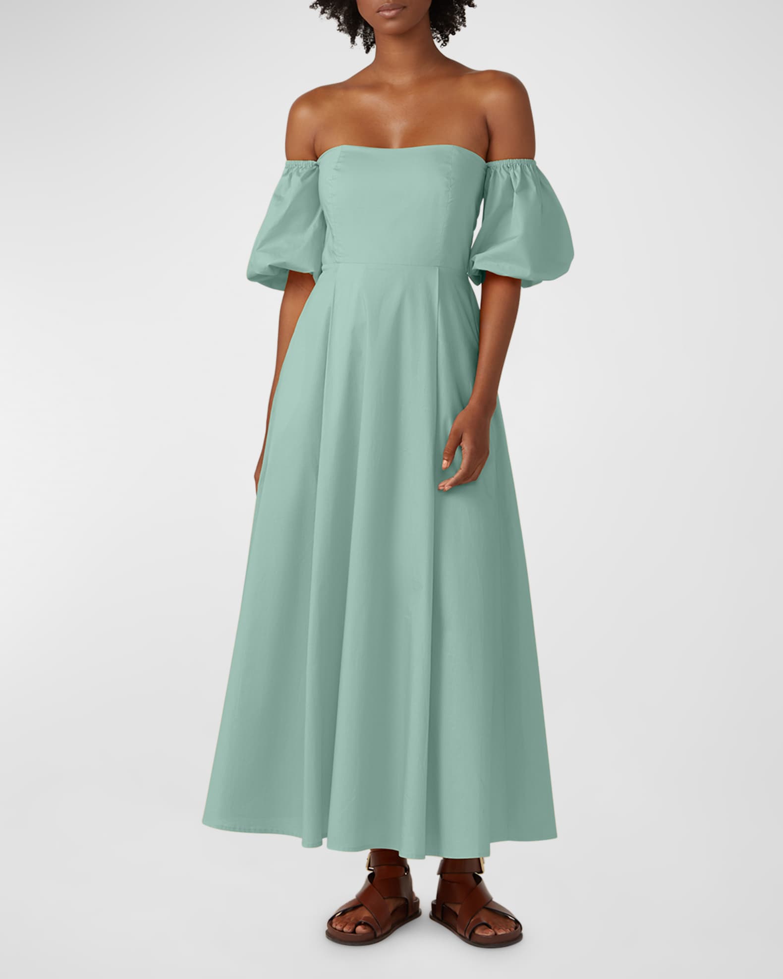 BIRD & KNOLL Ziggy Puff-Sleeve Off-the-Shoulder Long Poplin Dress