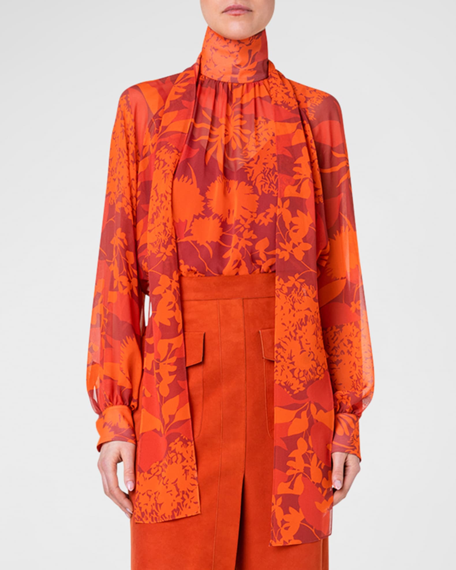Akris Floral Silk ScarfTie Blouse Neiman Marcus