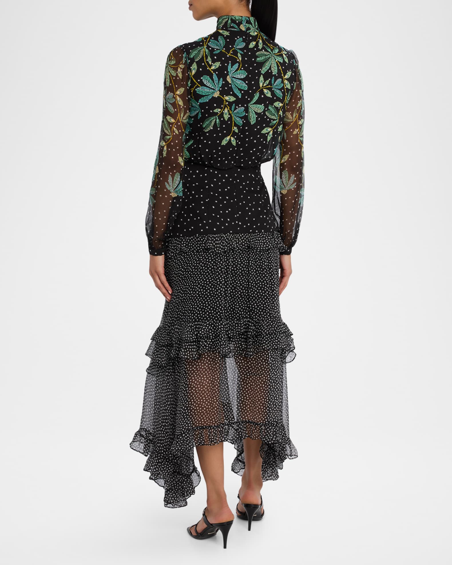 Saloni Jolie-C Floral Silk Tiered-Ruffle Midi Dress | Neiman