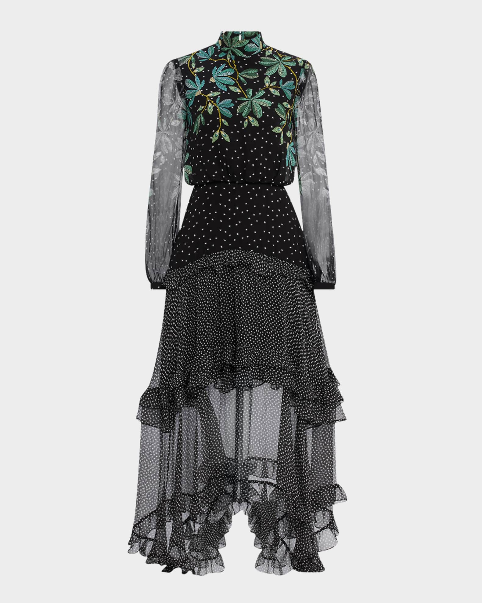 Saloni Jolie-C Floral Silk Tiered-Ruffle Midi Dress | Neiman Marcus