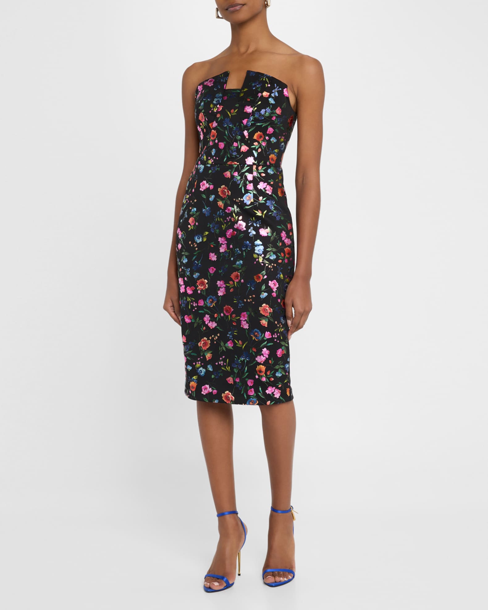 Black Halo Lena Strapless Floral-Print Midi Sheath Dress | Neiman Marcus