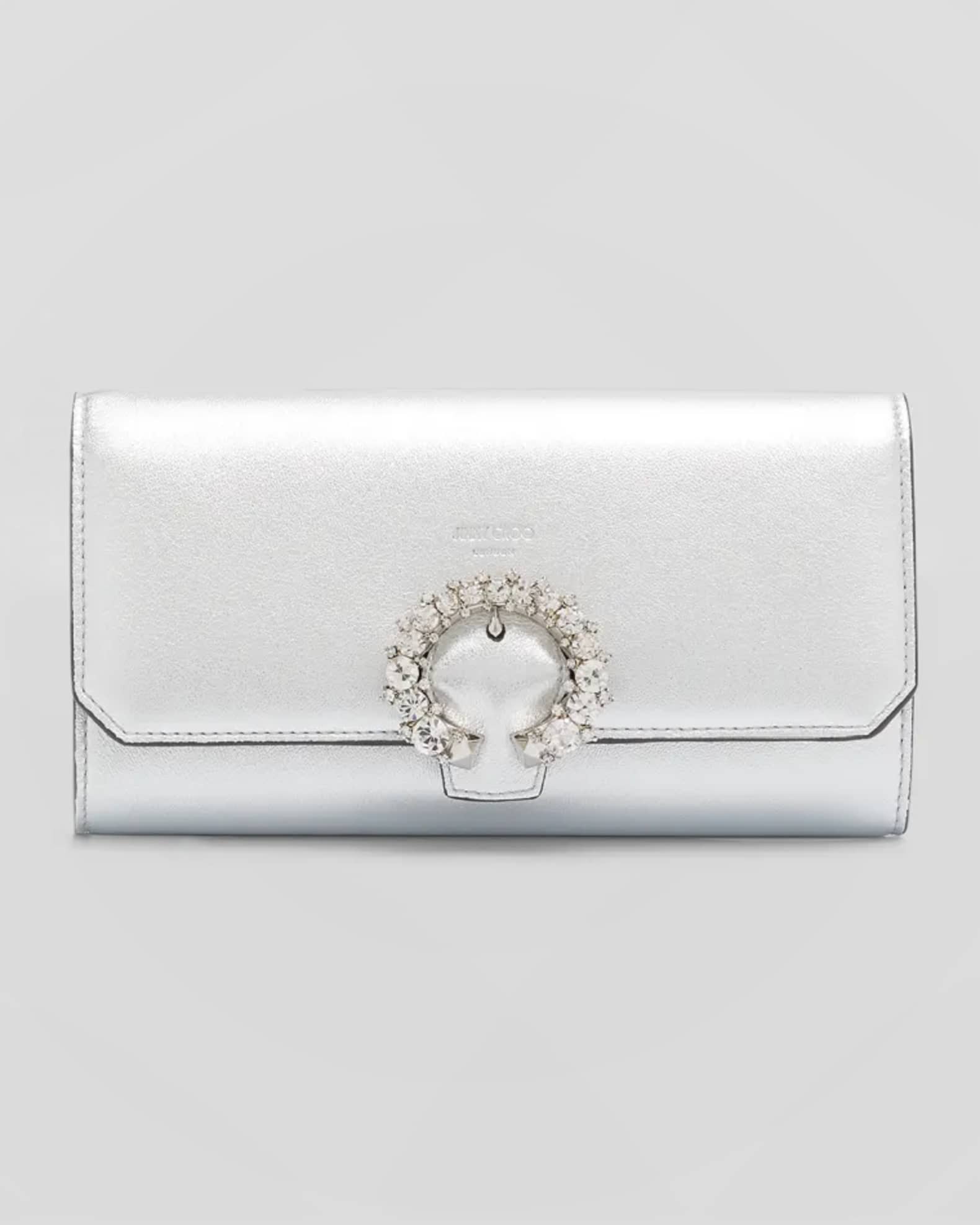 Jimmy Choo Madeline Mini Metallic Crystal Wallet with Chain Silver