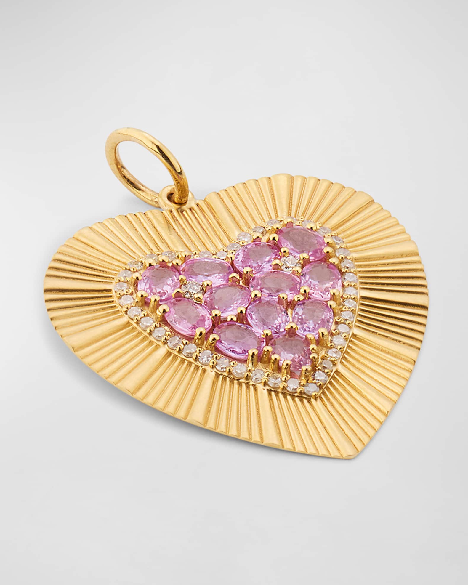 14K Yellow Gold Pink Sapphire and Diamond Fluted Heart Charm 1