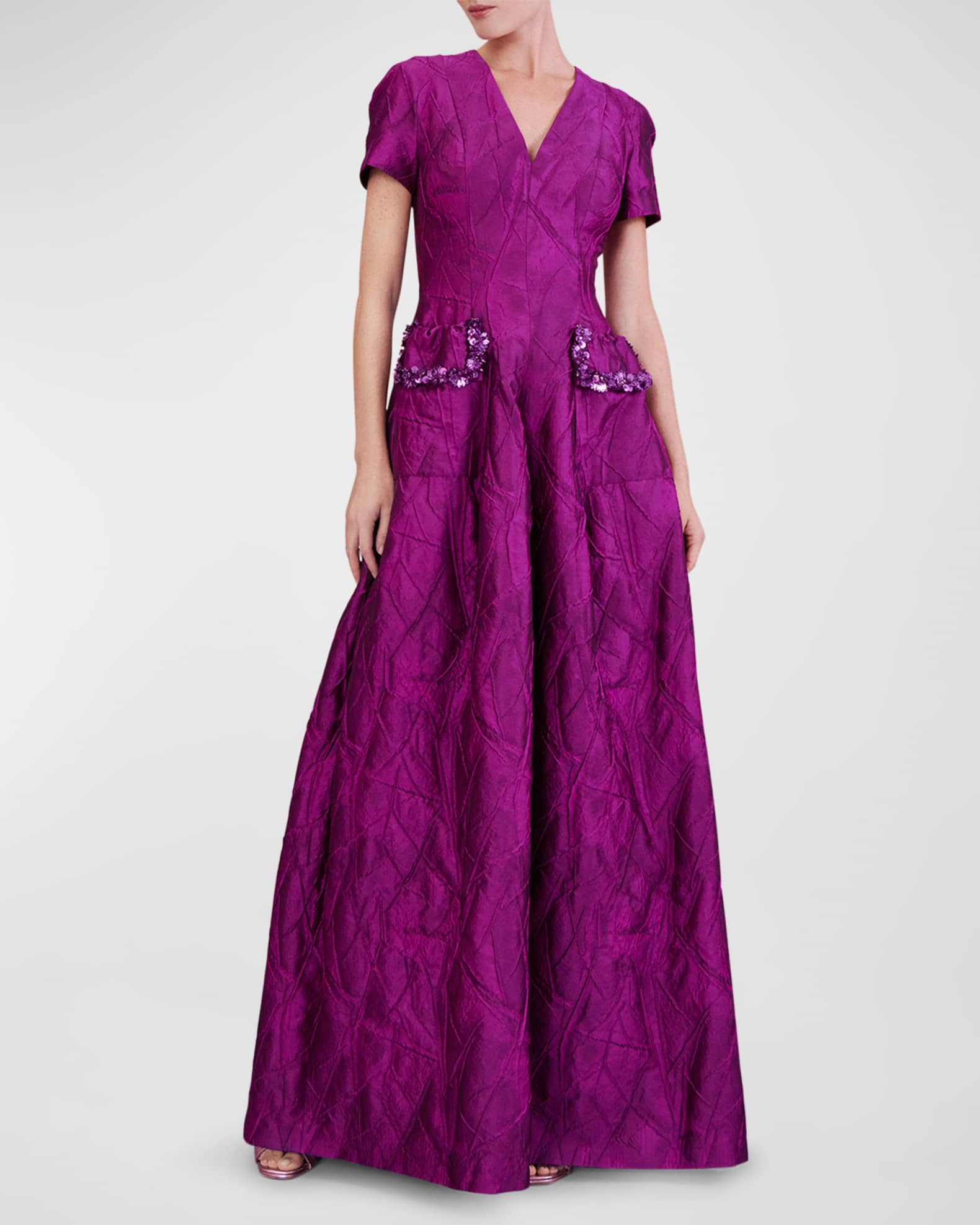 Talbot Runhof Reo Embellished-Pocket Mikado Jacquard Gown | Neiman Marcus