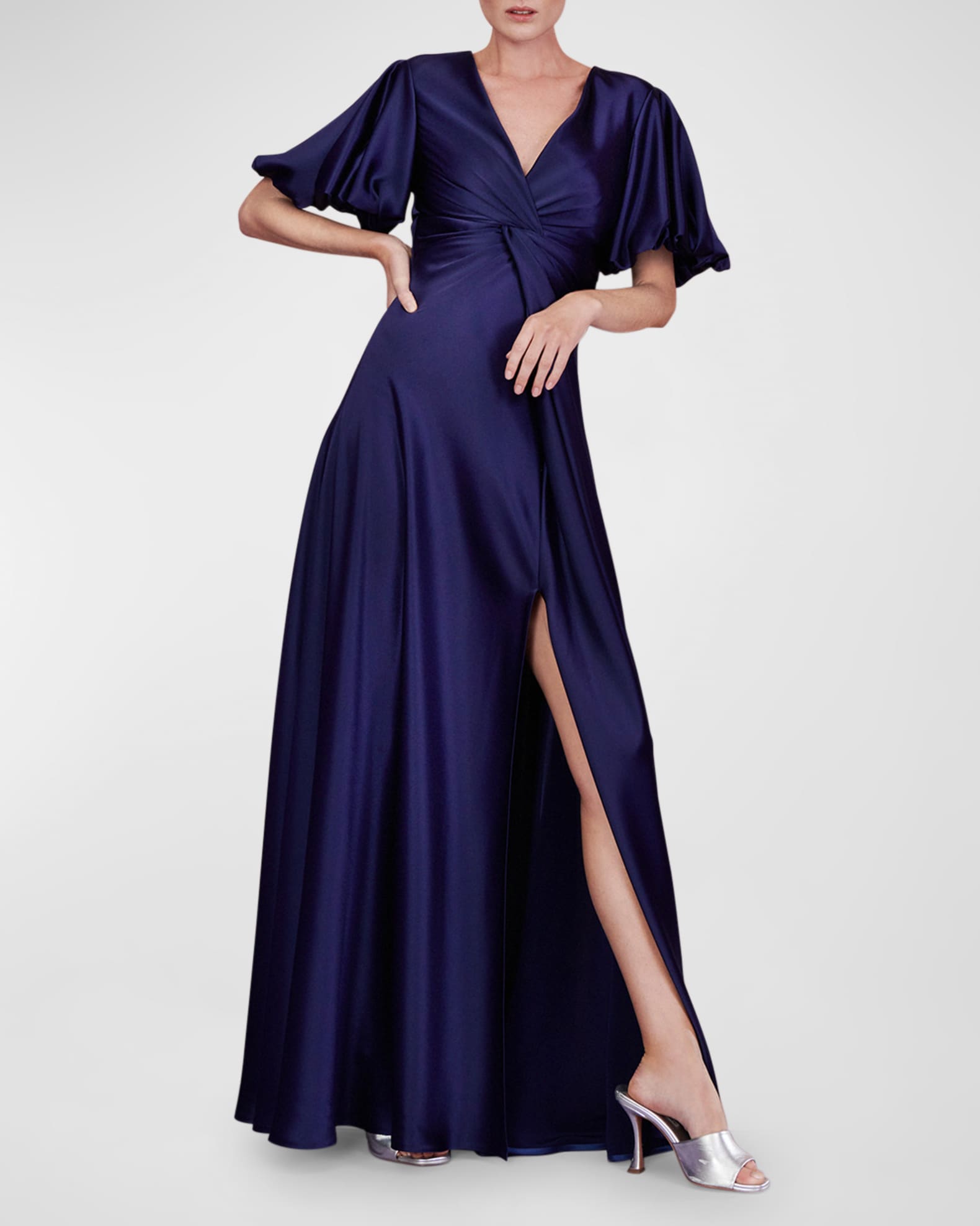 Talbot Runhof Wing-Sleeve Twisted Satin Crepe Gown | Neiman Marcus