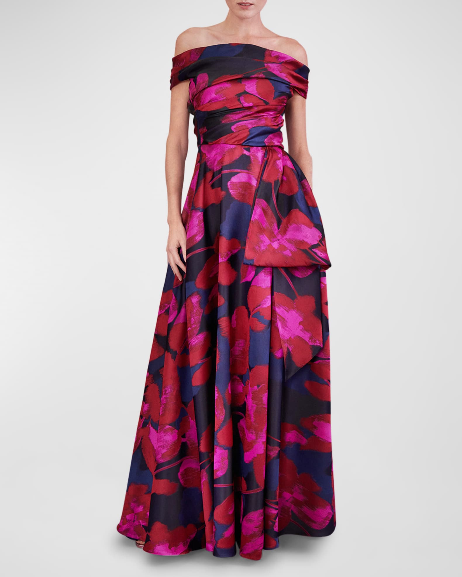 Talbot Runhof Floral Jaquard Draped Bow Off-The-Shoulder Ball Gown ...