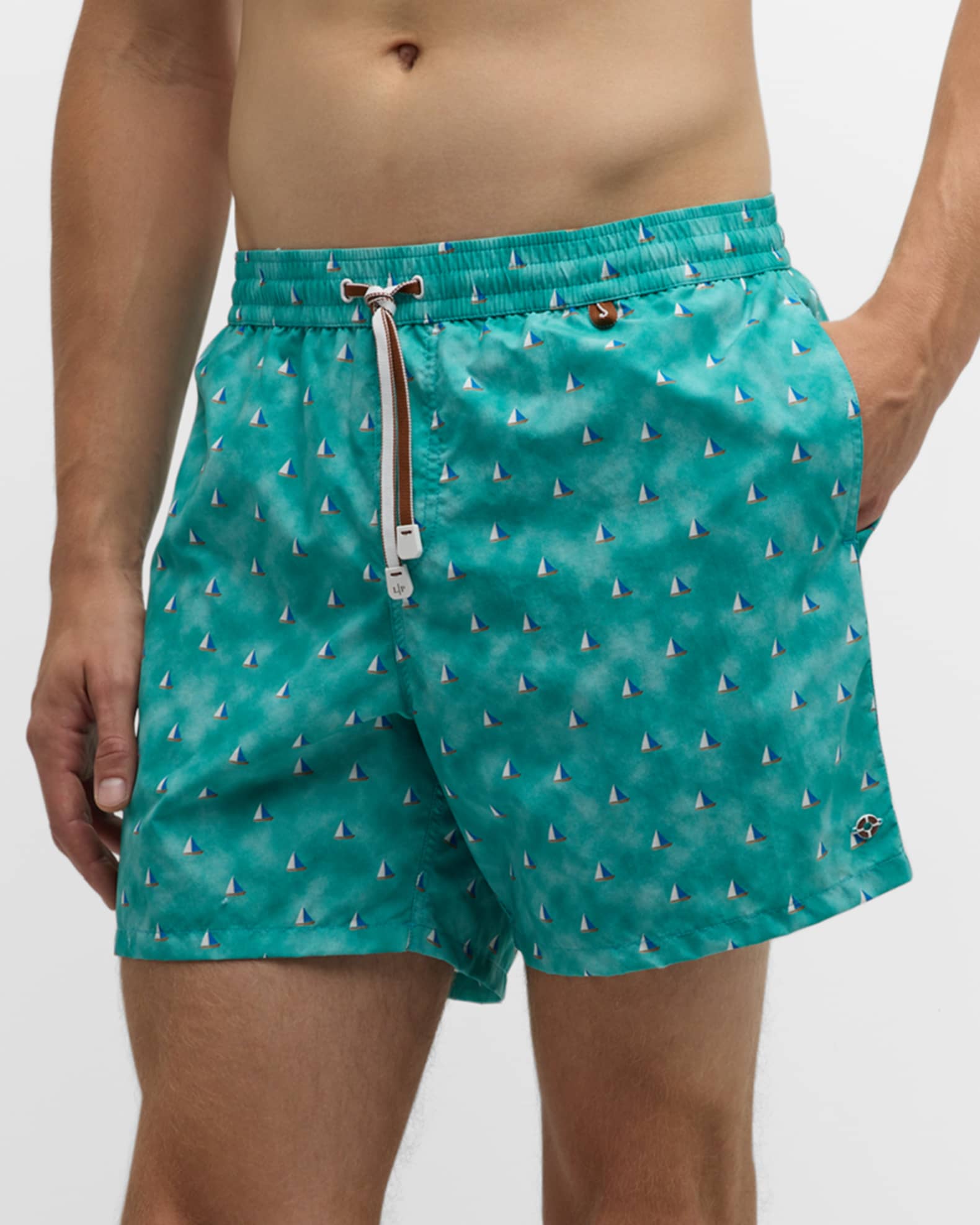 Loro Piana Men s Sailboat Print Nylon Swim Trunks Neiman Marcus