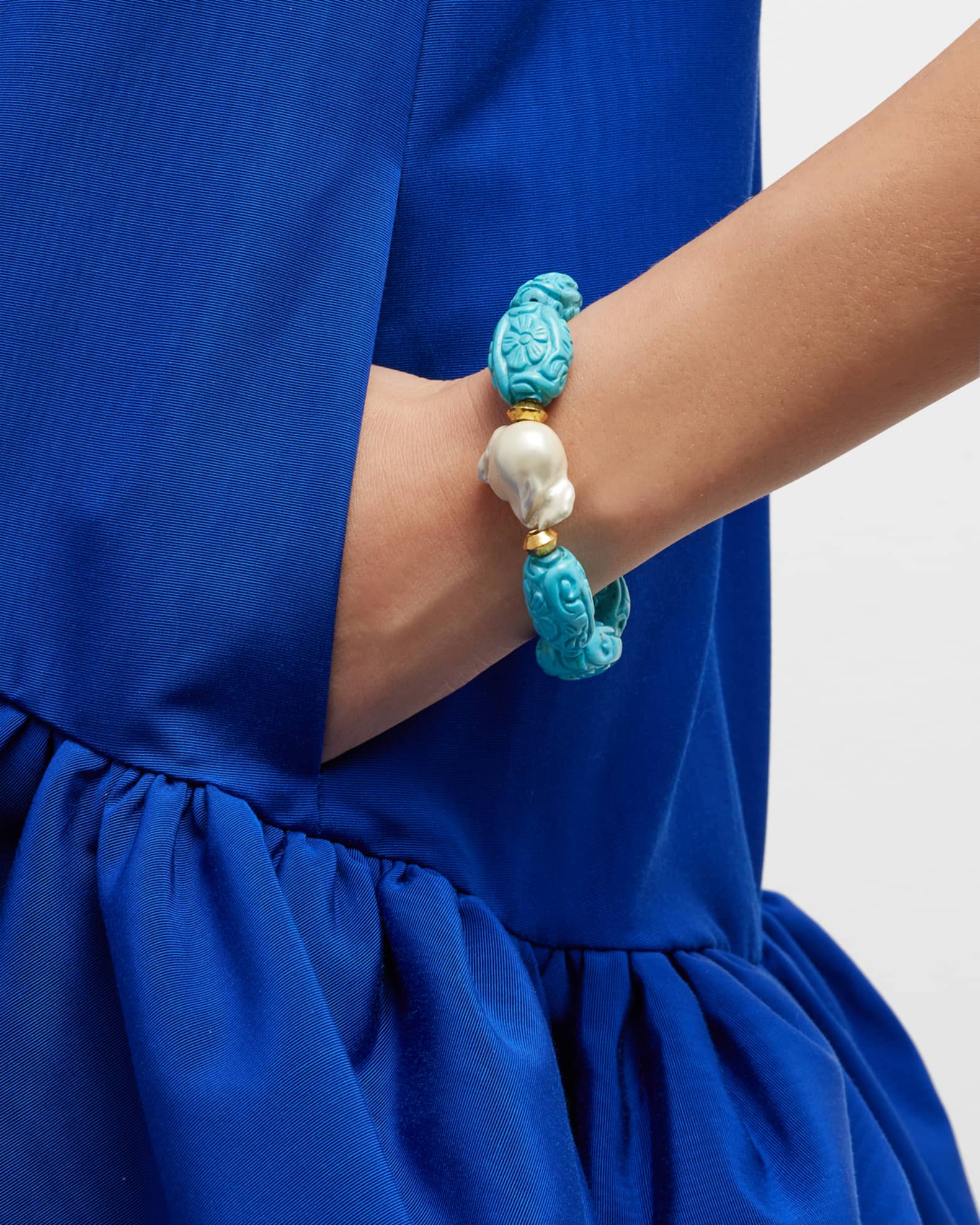Pearl and Carved Turquoise-Colored Stretch Bracelet 1