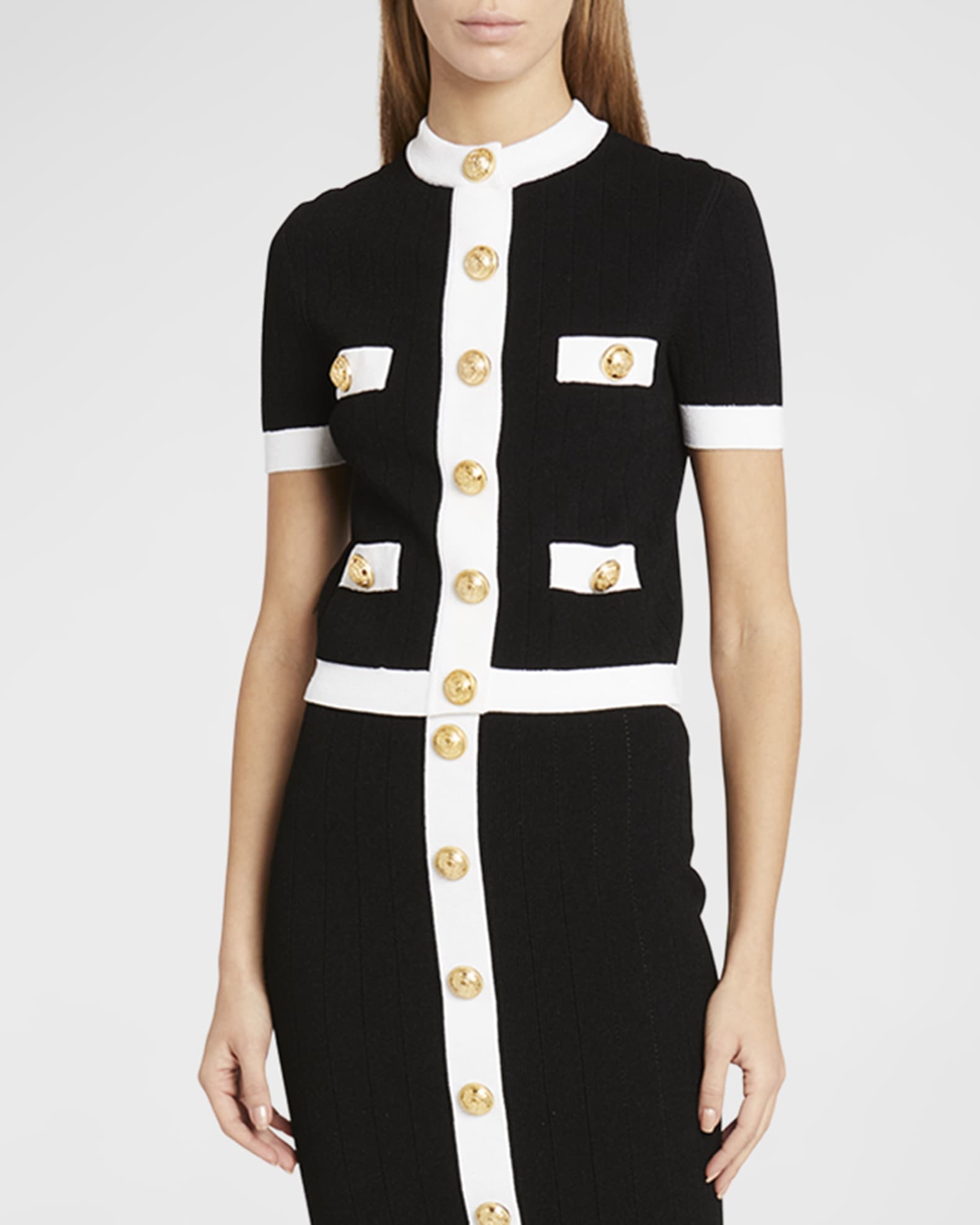 Balmain Contrast-Trim Cardigan with Four Pocket Detail | Neiman Marcus