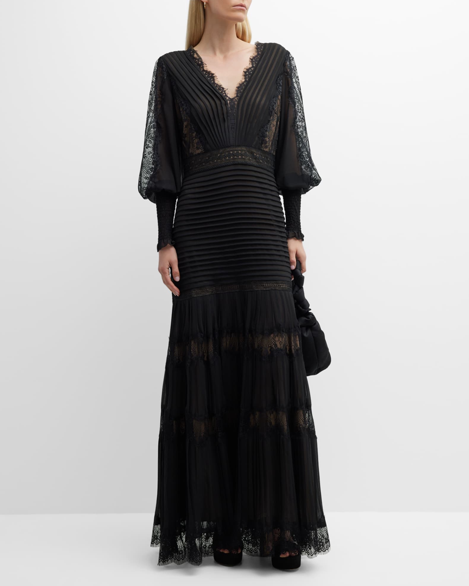 Tiered Bishop-Sleeve Pleated Lace Gown 1