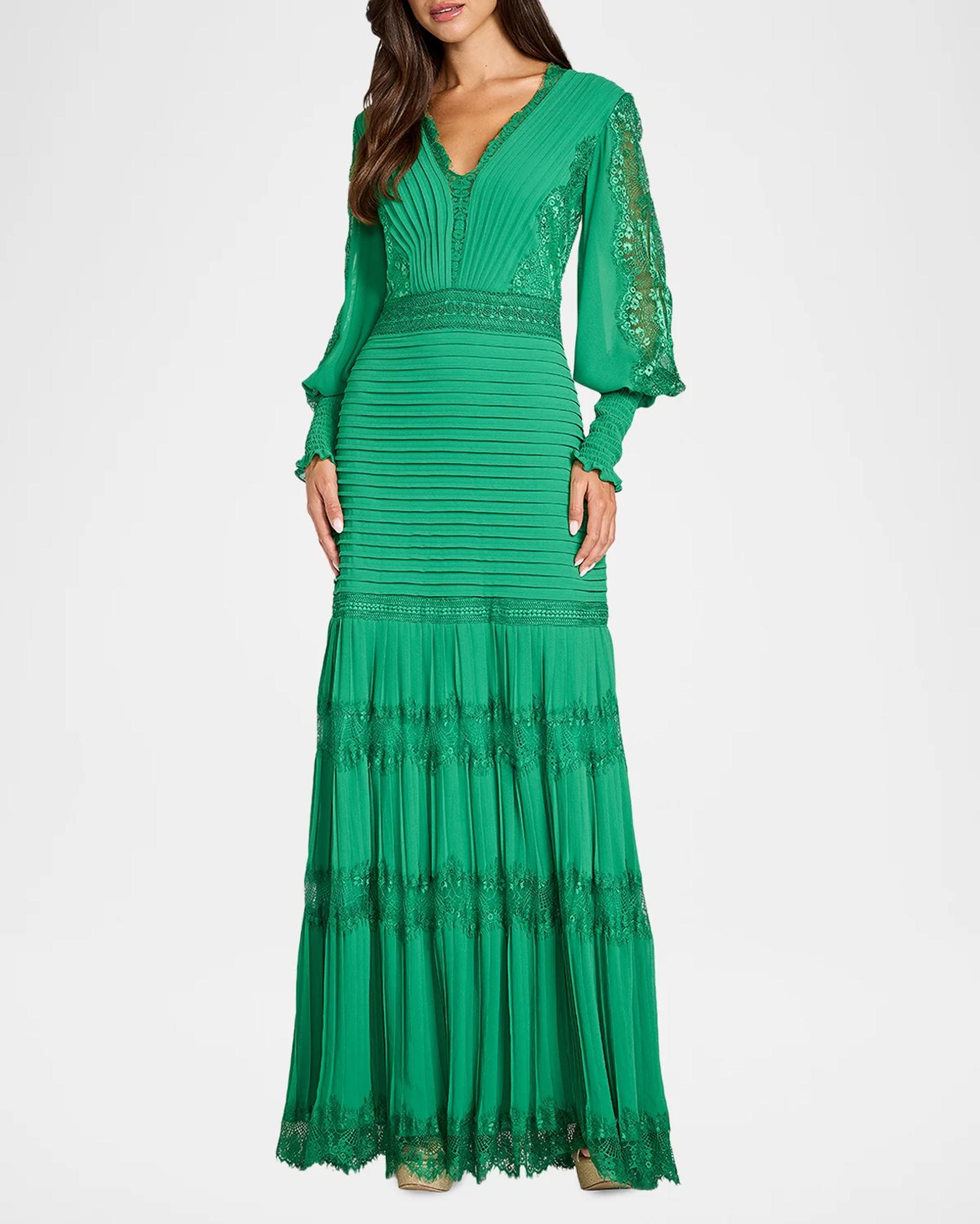tadashi shoji green lace dress Women's Nyssa Slate Bishop Sleeve Gown - Adasa