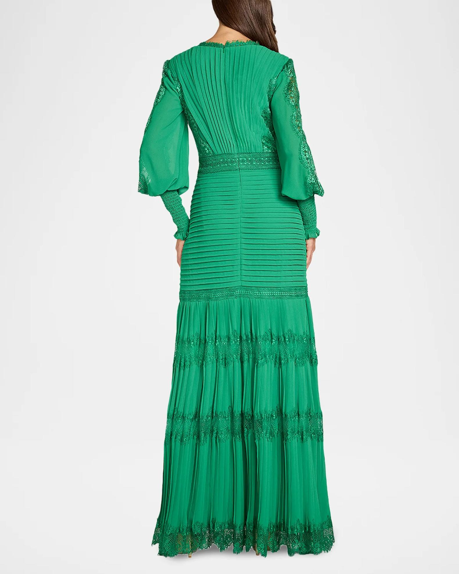 Tadashi Shoji Tiered Bishop-Sleeve Pleated Lace Gown | Neiman Marcus