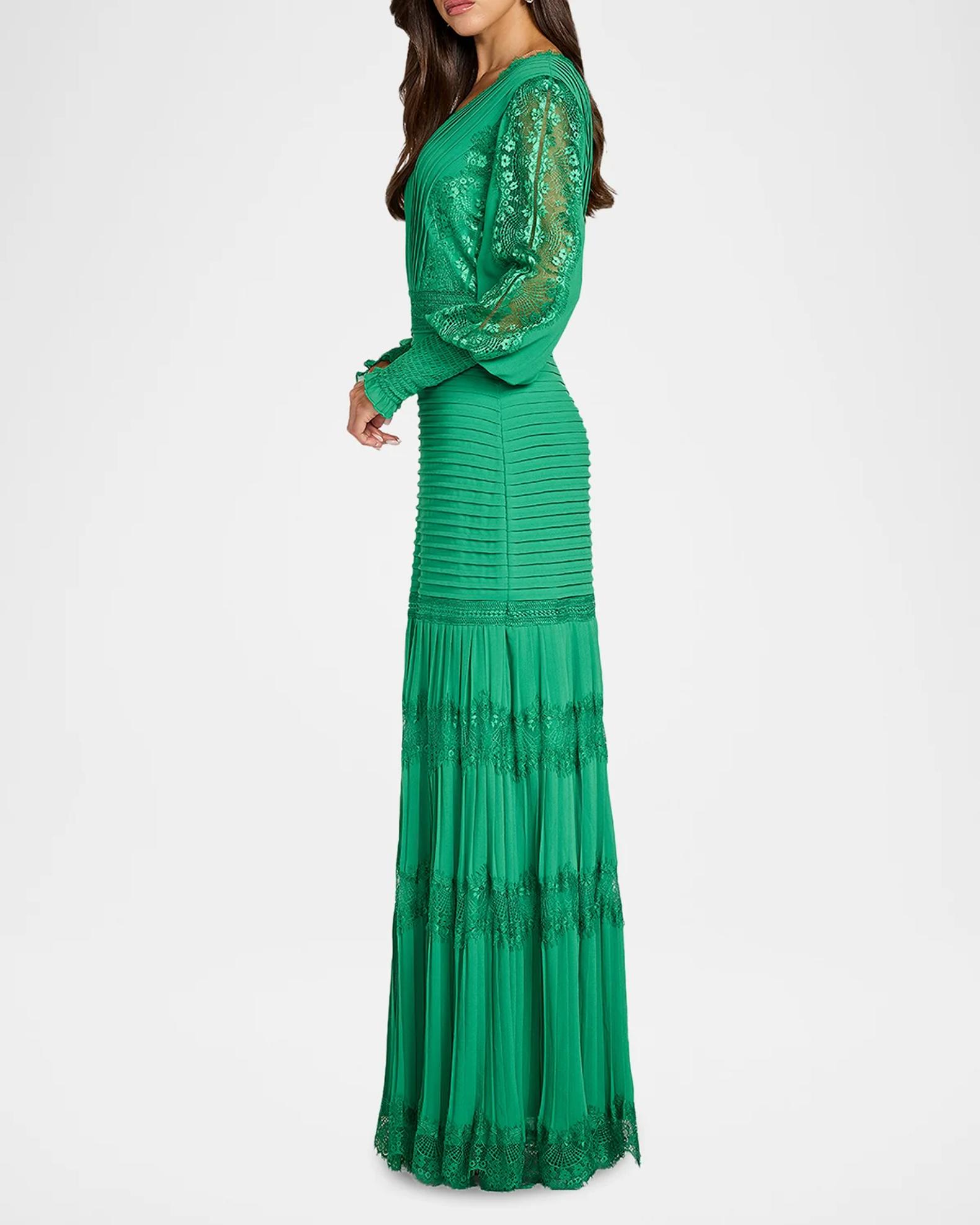 Tadashi Shoji Tiered Bishop-Sleeve Pleated Lace Gown | Neiman Marcus