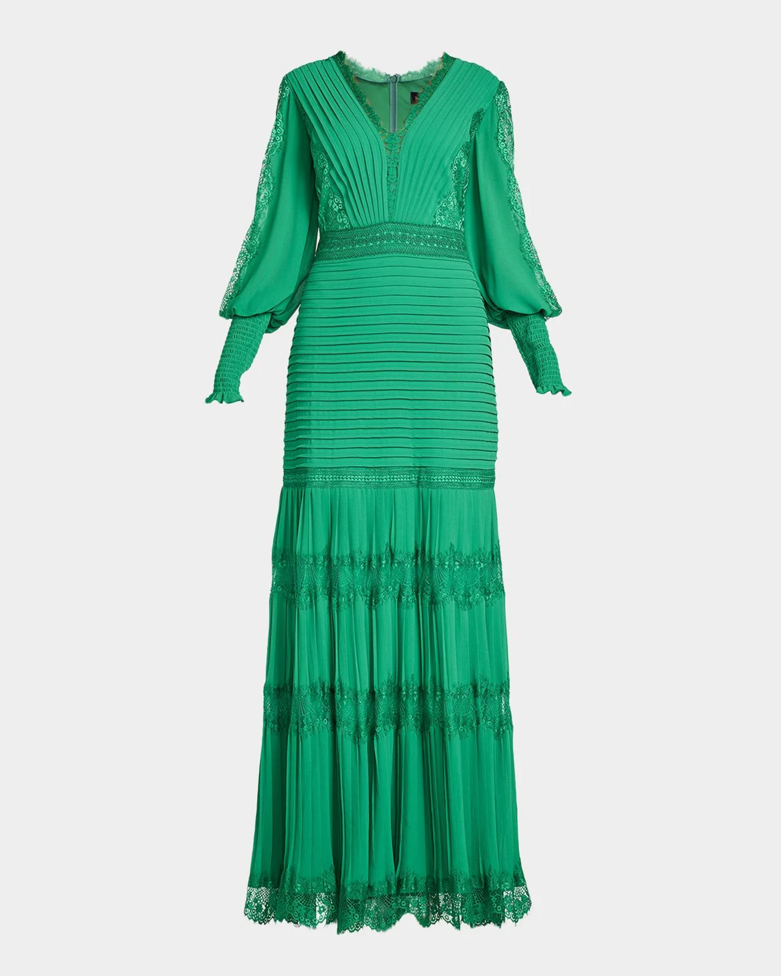 Tadashi Shoji Tiered Bishop-Sleeve Pleated Lace Gown | Neiman Marcus