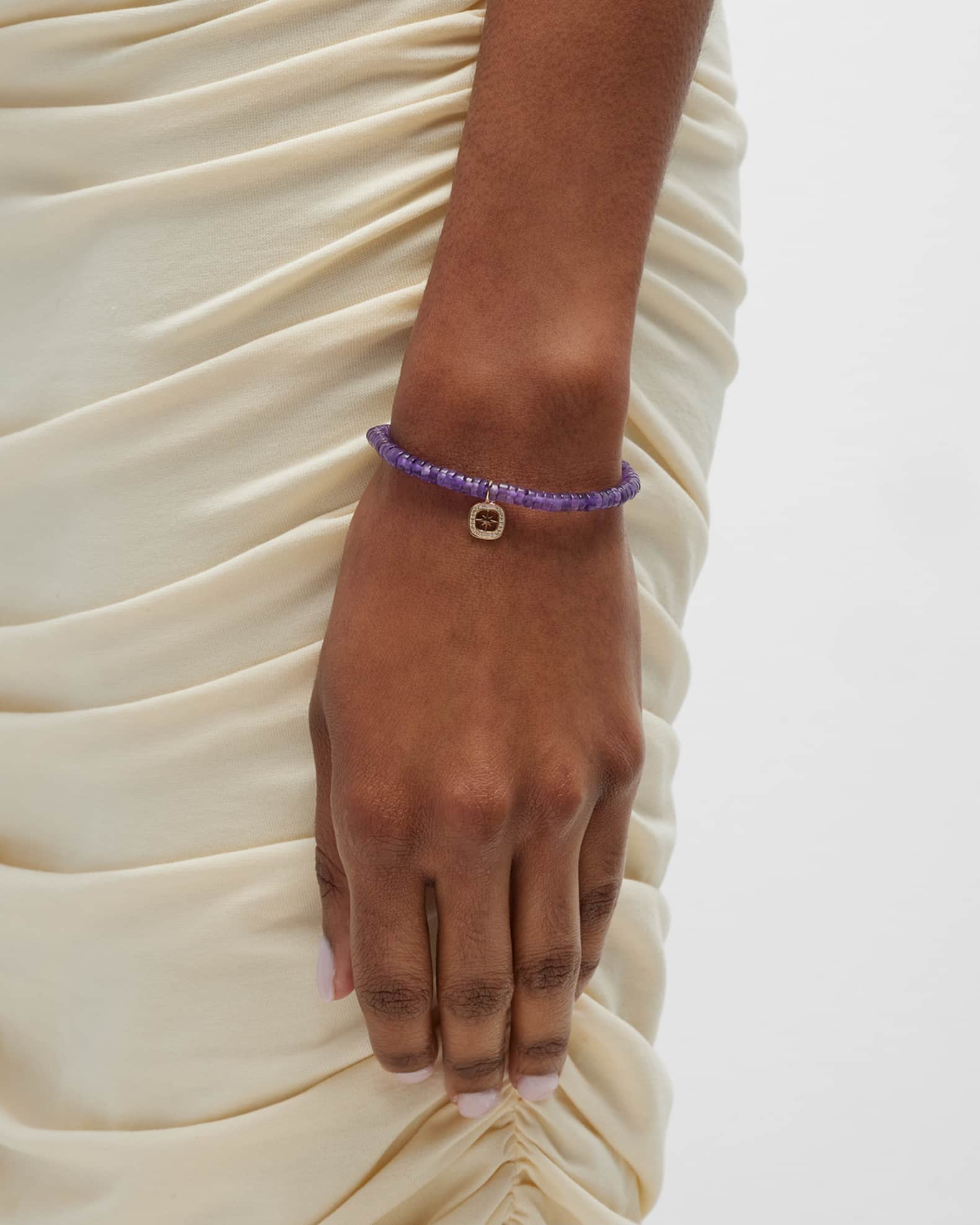 14k Gold Amethyst Beaded Bracelet with Diamond Starburst Charm 1