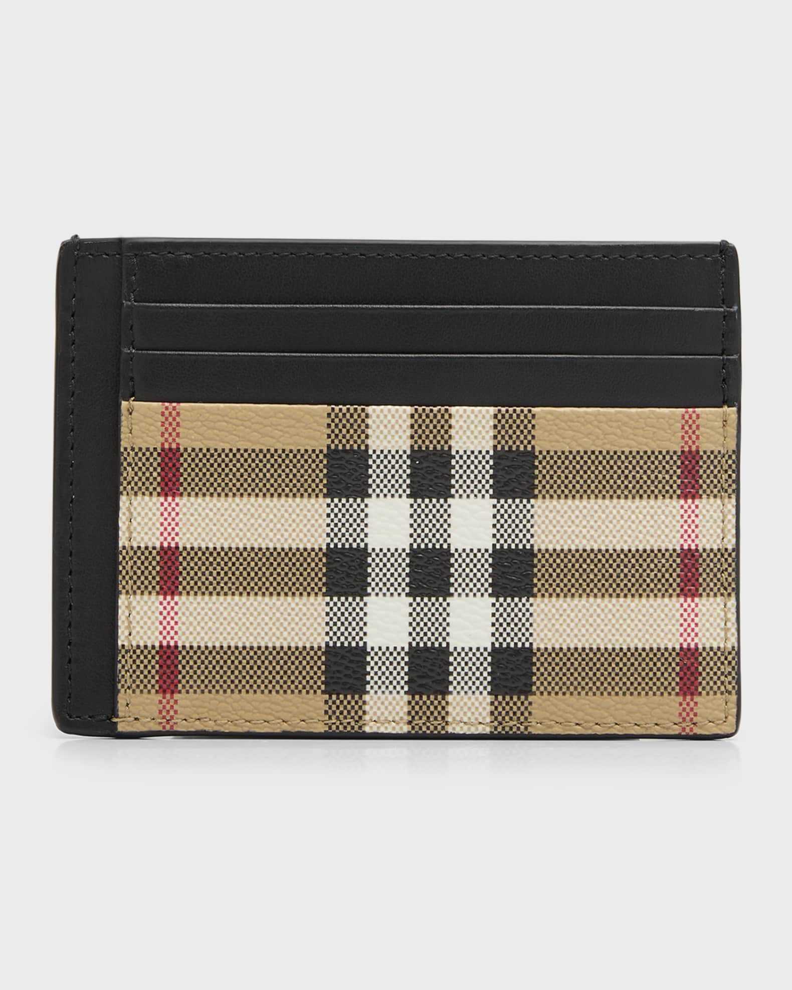 BURBERRY LEATHER AND VINTAGE CANVAS CHECK CARD CASE WALLET WITH MONEY CLIP