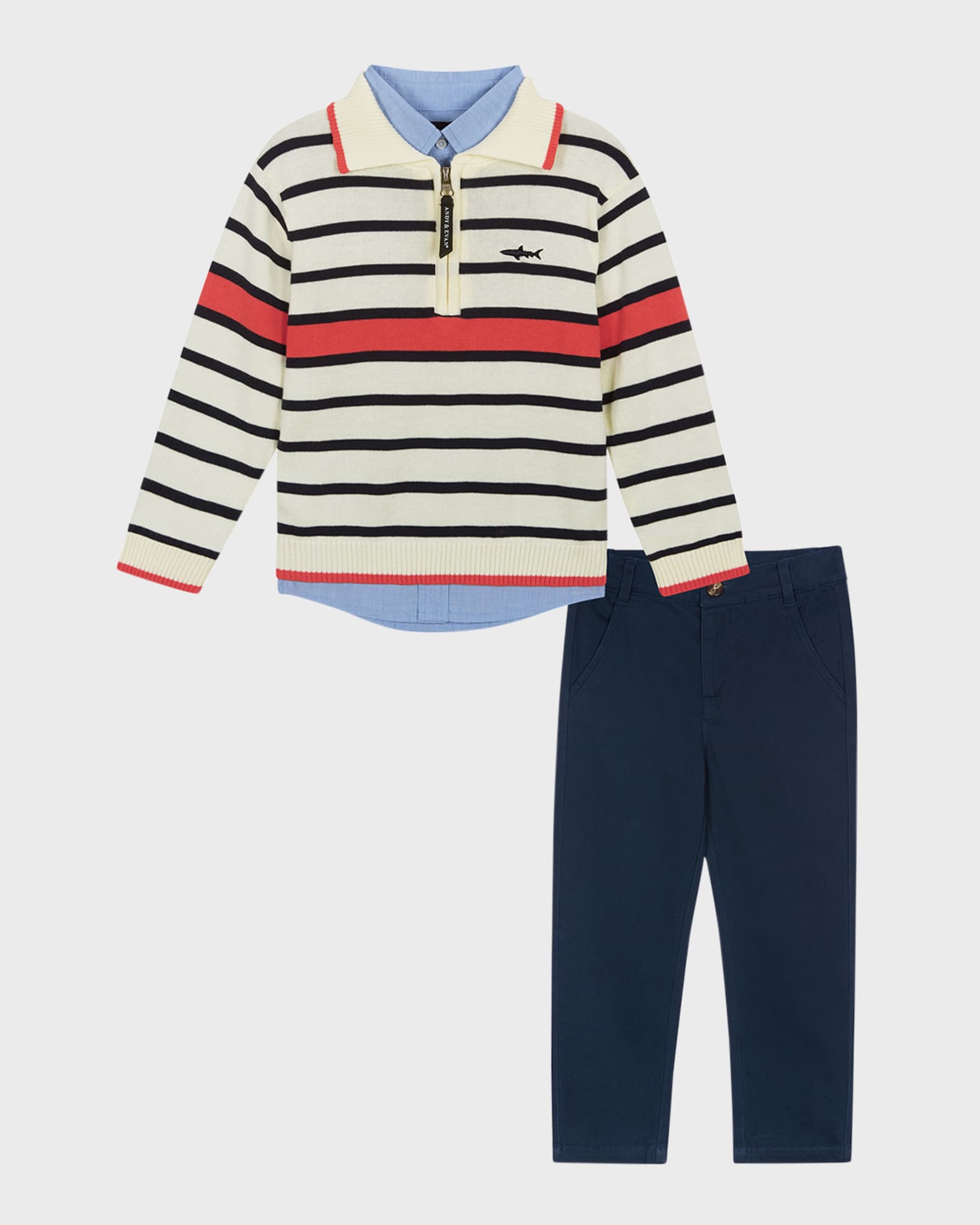 Andy & Evan Boy's Quarter Zip Striped Sweater, Shirt & Pants Set, Size 2-7