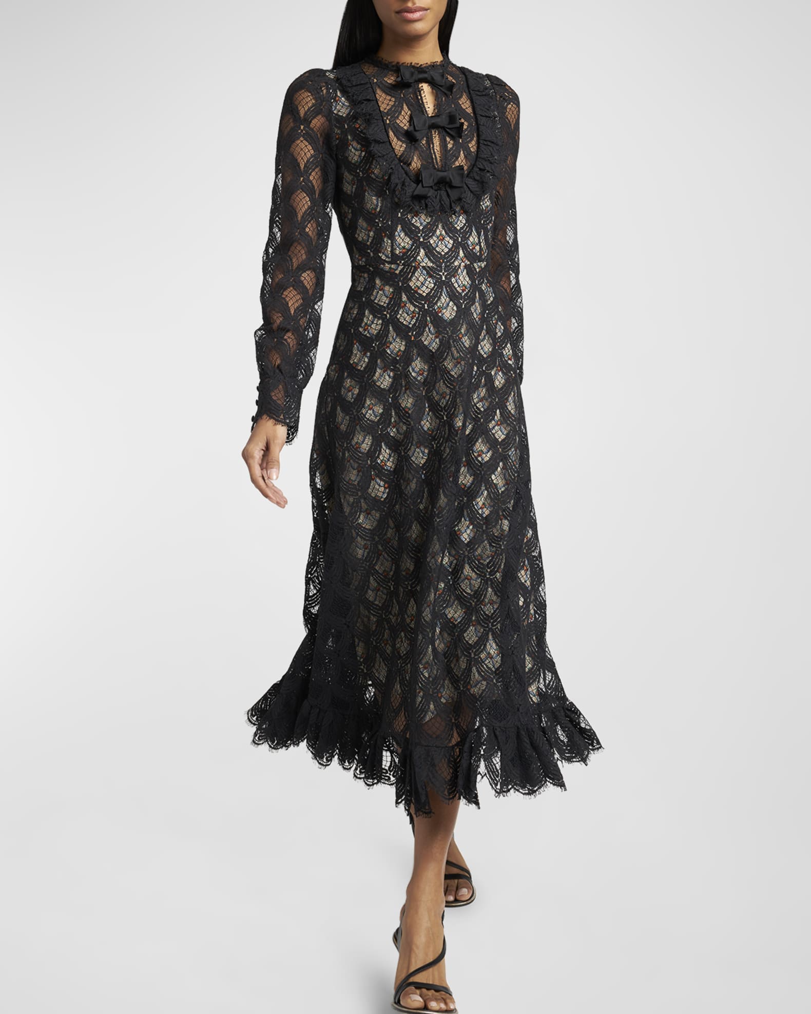 Etro Lace Midi Dress with Tapestry Patterned Underlayer | Neiman Marcus