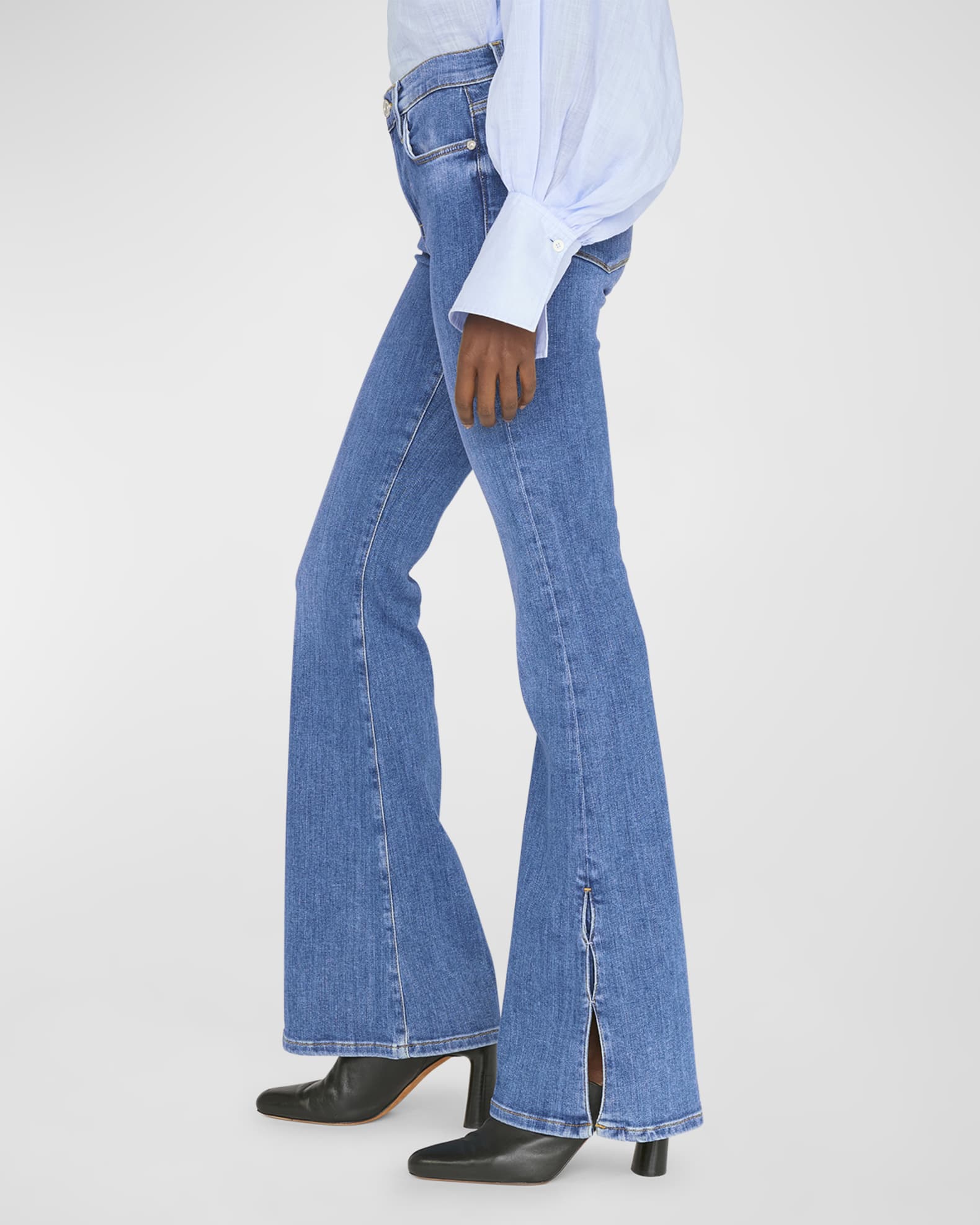 Ribbon Detail Stretchy Flared Jeans with Front Hem Slits