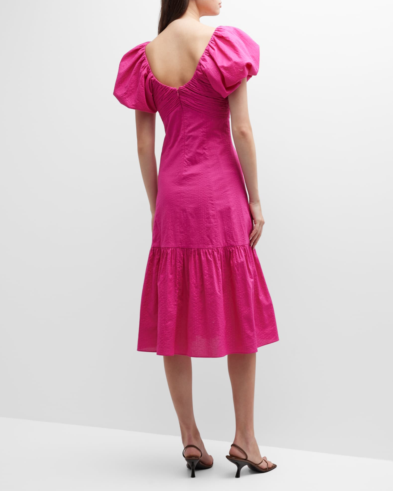 FRAME Puff Sleeve Cotton Midi Dress | Neiman Marcus