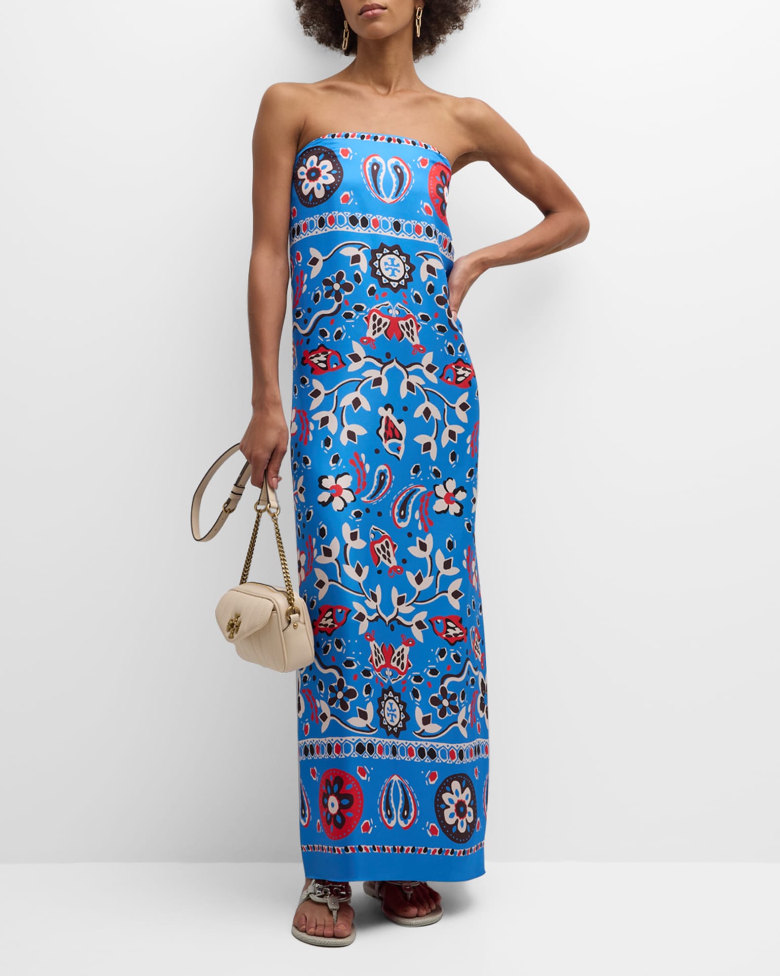 Tory Burch Strapless Floral-Print Silk Twill Maxi Dress | Neiman Marcus