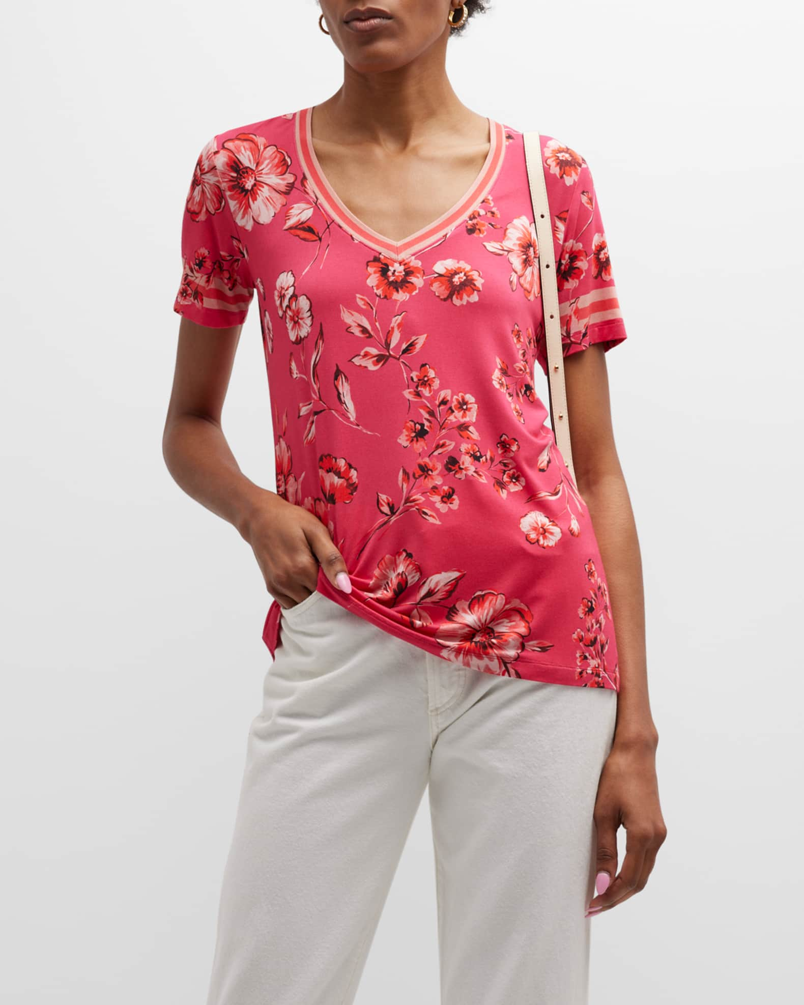 Johnny Was Misty Fall Floral-Print V-Neck Jersey Tee | Neiman Marcus